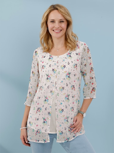 Longbluse im Lagenlook mit Chiffon - weiß-marine-bedruckt