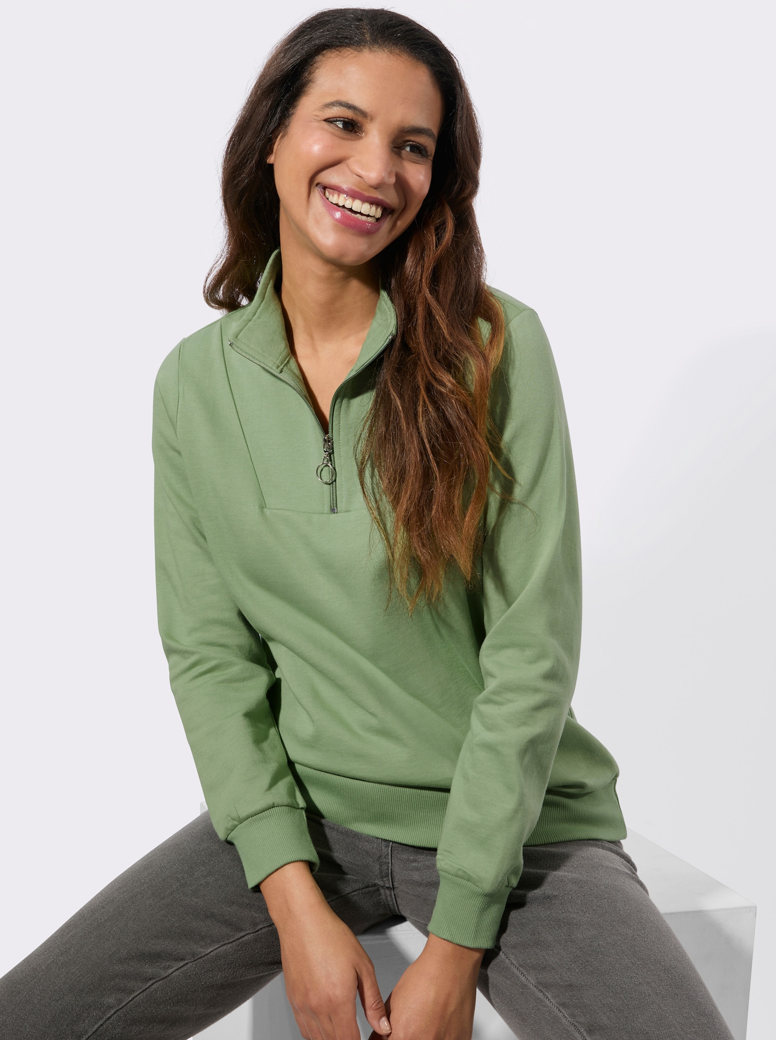 Sweatshirt mit Troyerkragen - eucalyptus