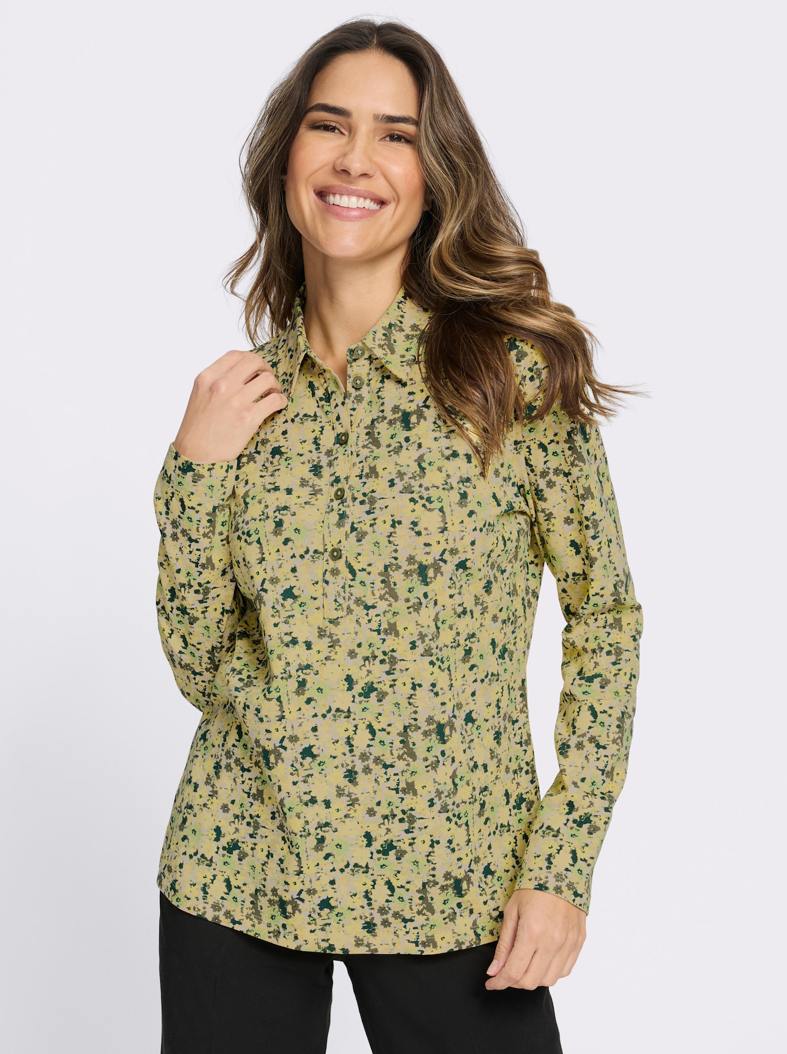 Poloshirt mit kurzer Knopfleiste, geblümt - elfenbein-zitrone-bedruckt