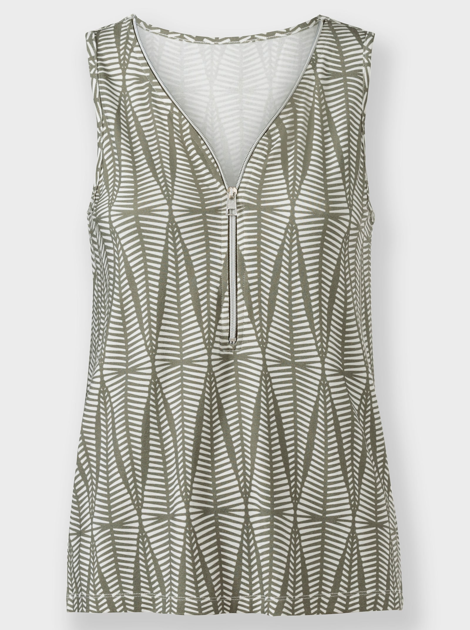 heine Shirttop Zipper op V-hals - kaki/ecru bedrukt