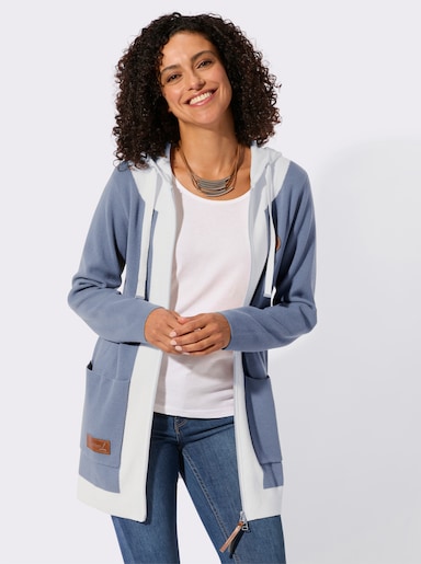 Longstrickjacke mit 2-Wege-Reißverschluss - taubenblau-ecru