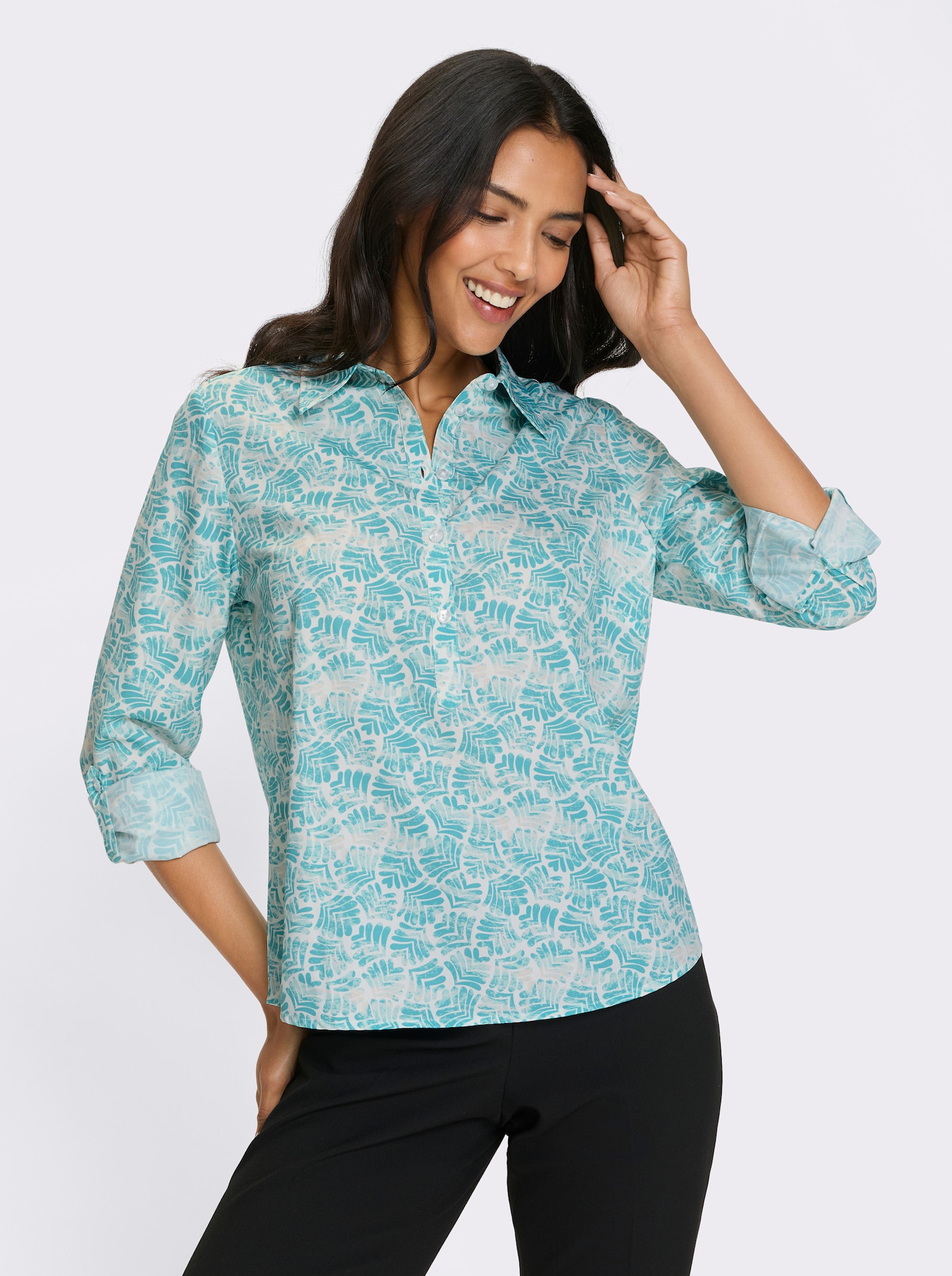 Langarm-Bluse in Schlupfform - mint-weiss-bedruckt