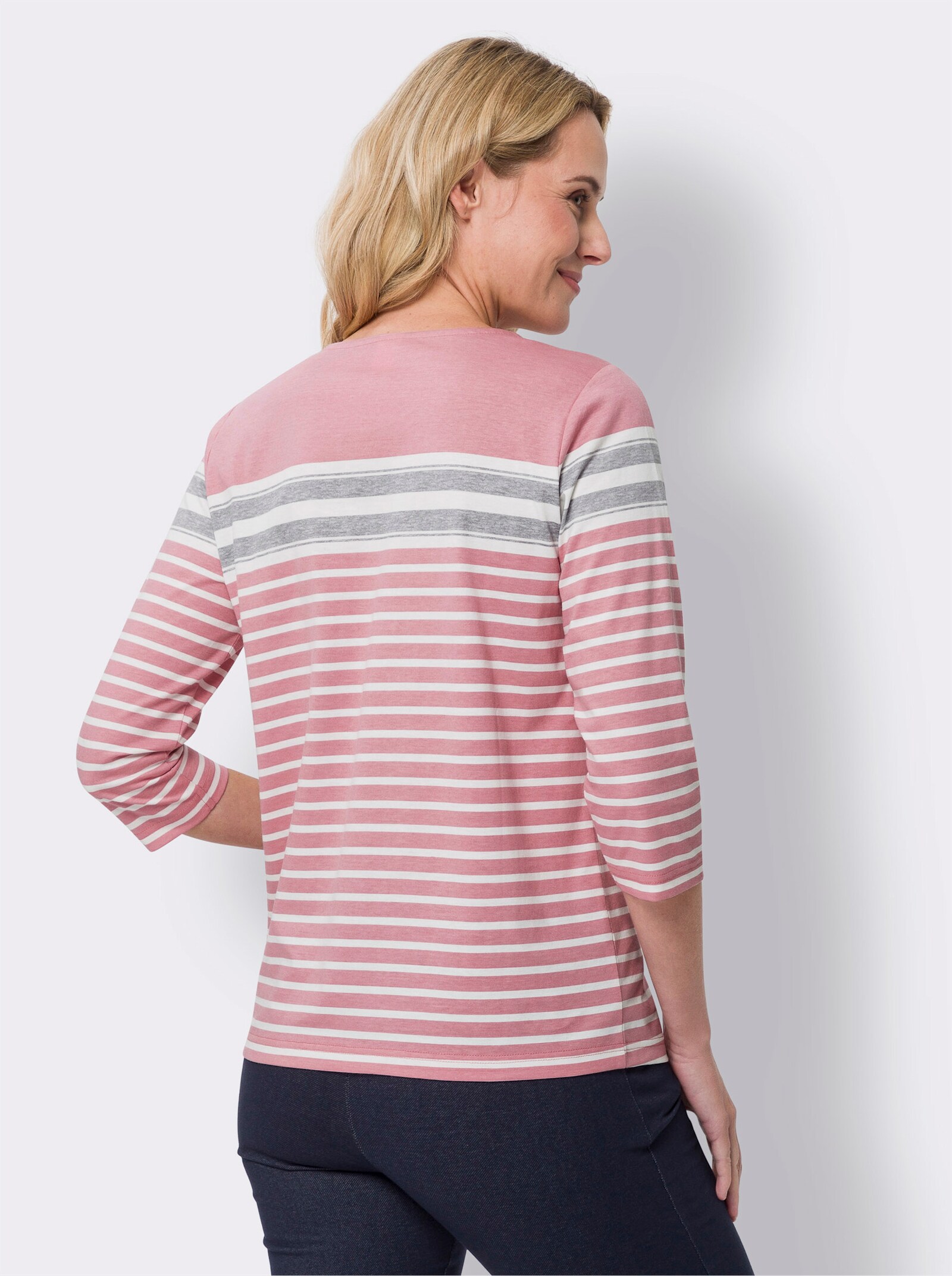 3/4-Arm-Shirt aus Baumwolle, gestreift - altrosa-ecru-geringelt