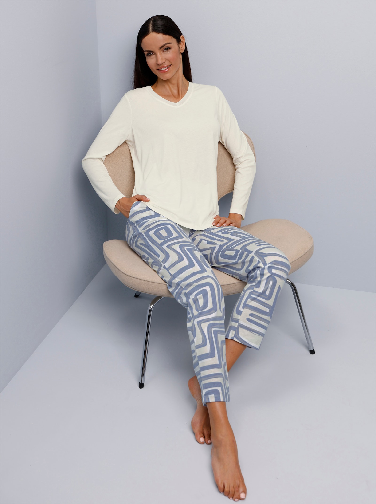 wäschepur Schlafanzug , Hose mit 2 Taschen - champagner-rauchblau-bedruckt