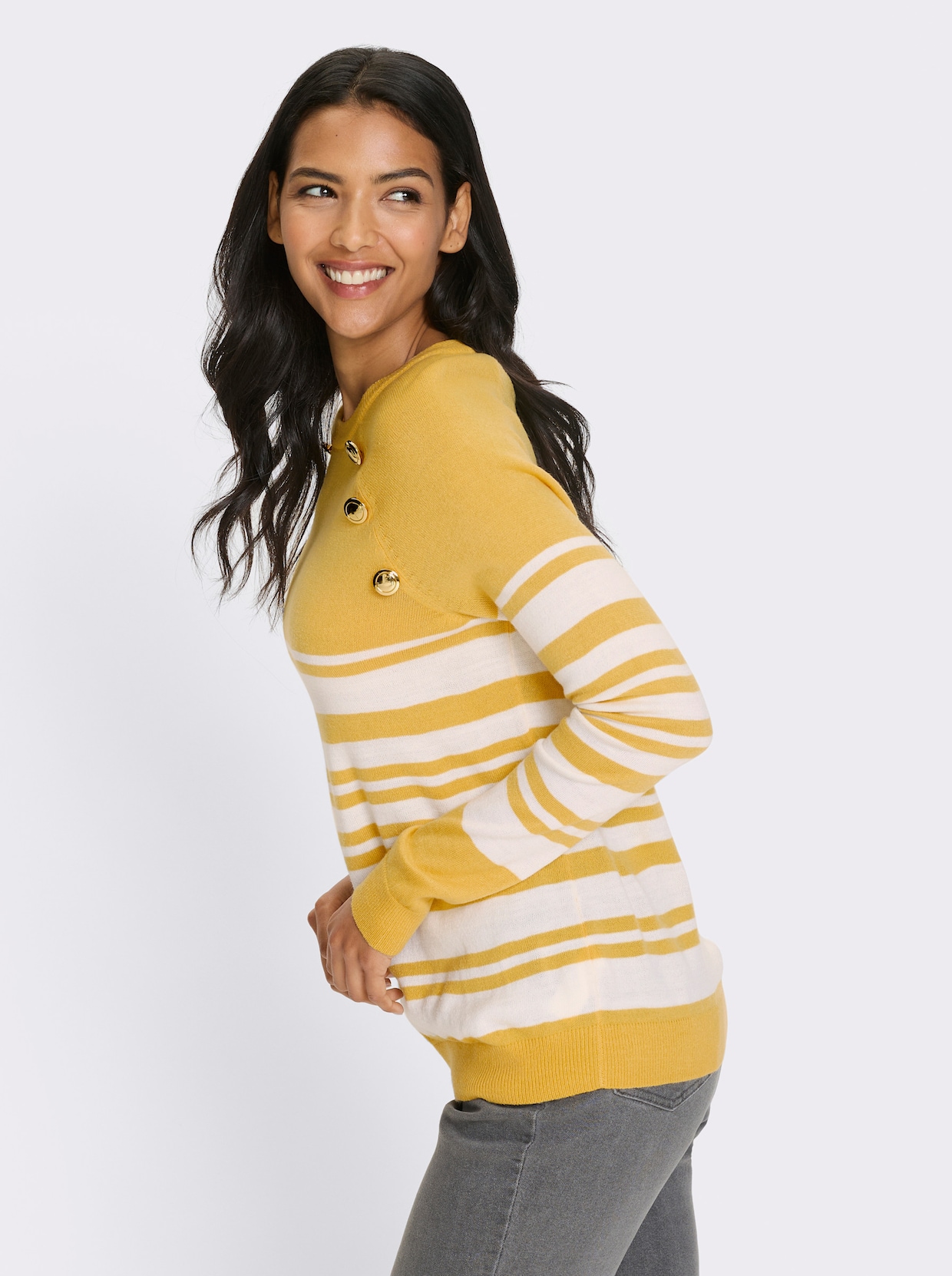 Langarm-Pullover - gelb-weiß-geringelt
