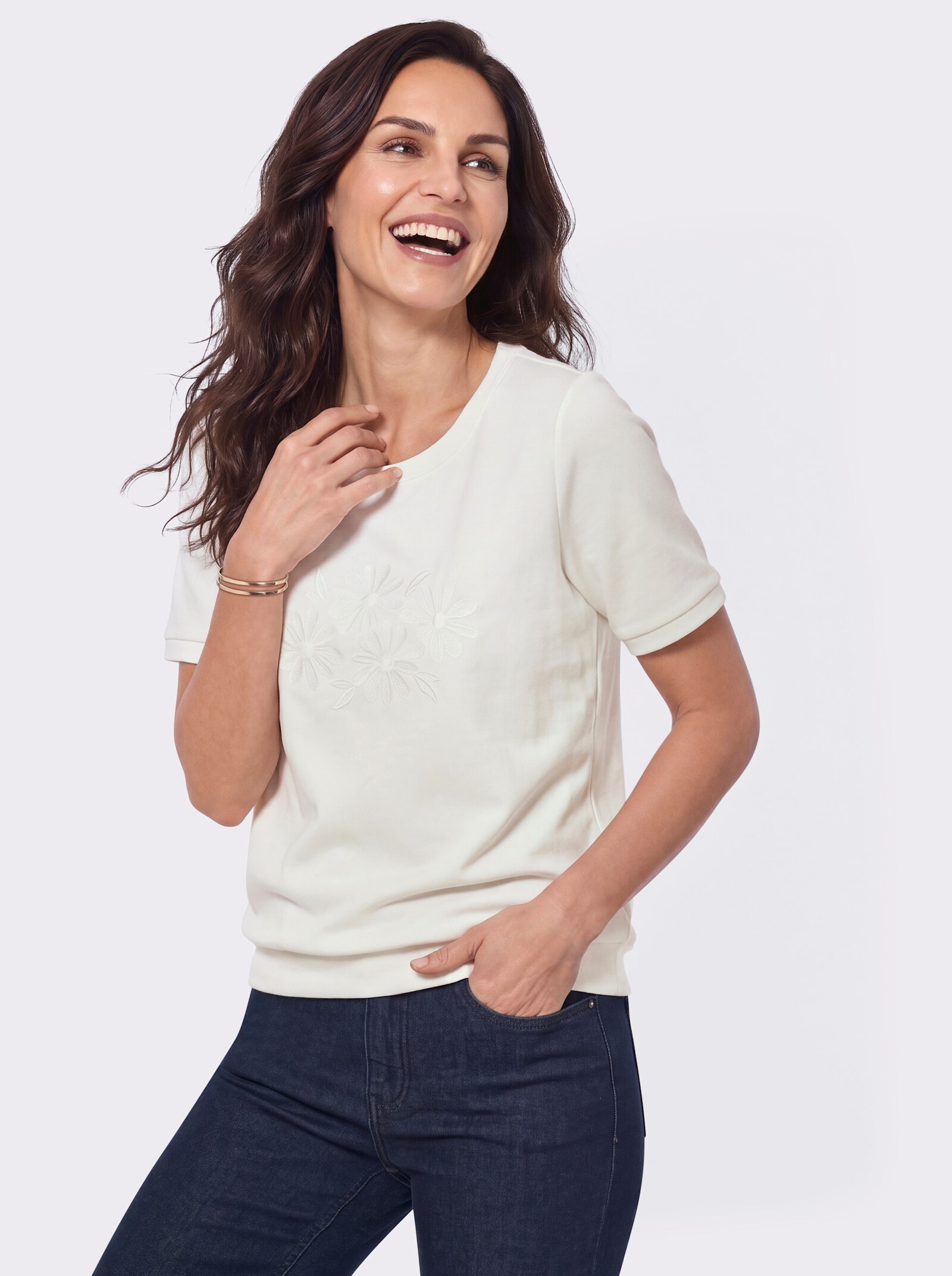 Sweatshirt mit Blütenstickerei-Motiv - ecru