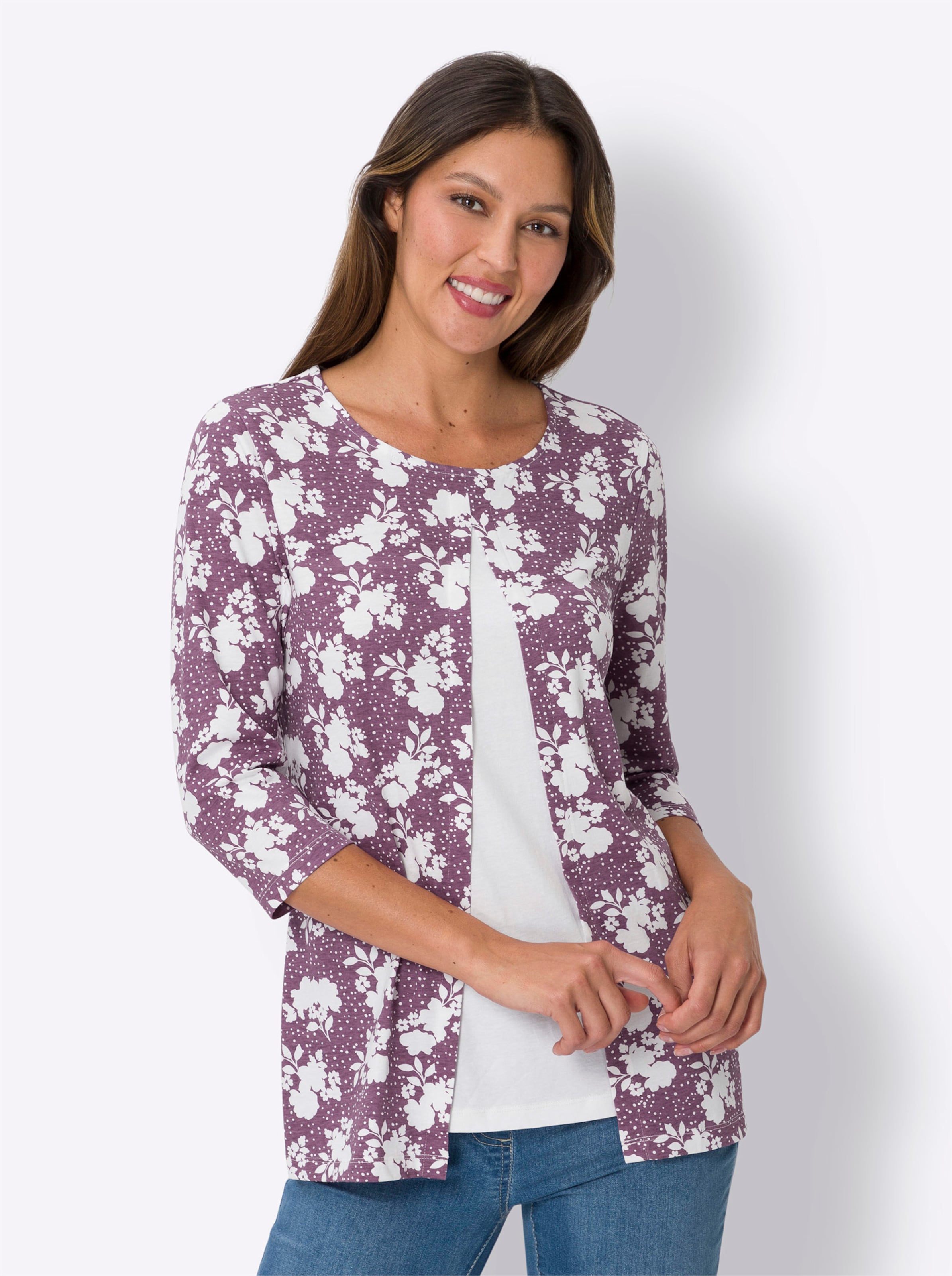 Witt Damen 2-in-1-Shirt in längerer Form, violett-ecru-bedruckt