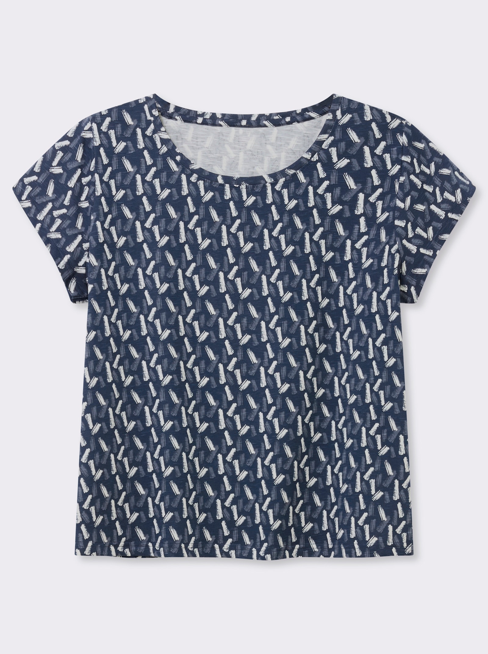 Rundhalsshirt mit Flammgarn-Struktur - dunkelblau-ecru-bedruckt