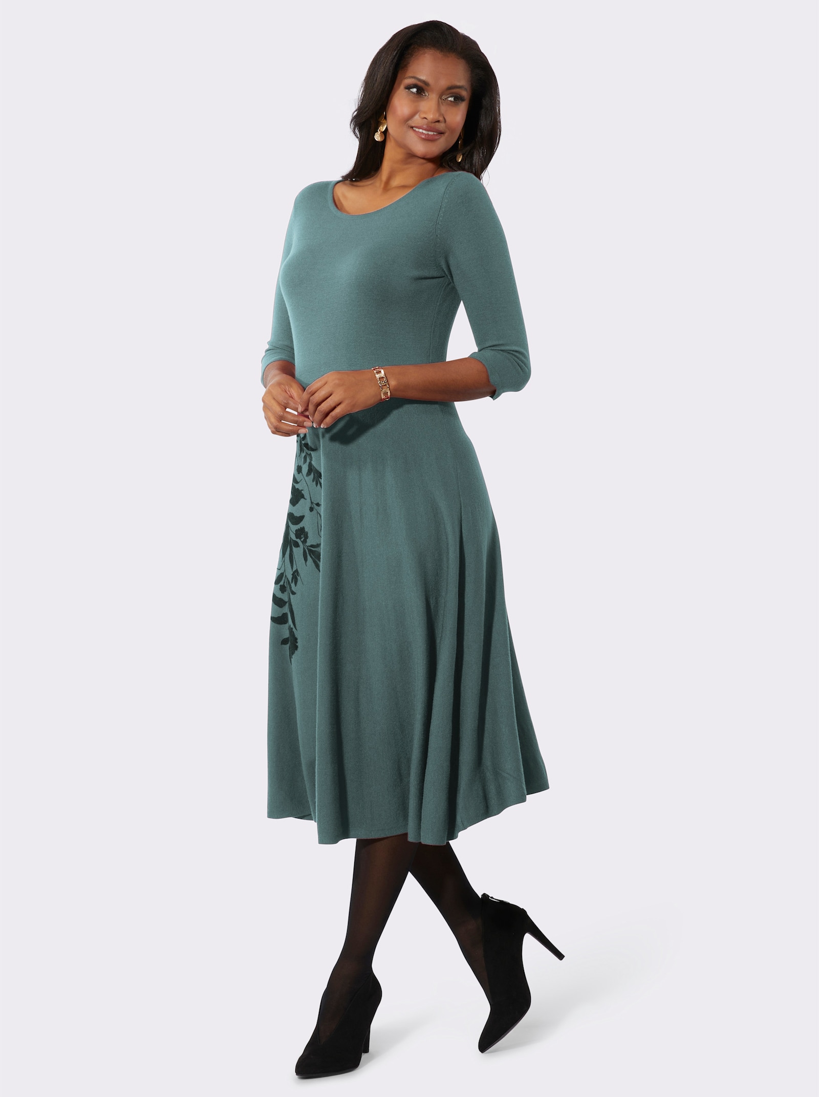 Strickkleid mit samtigem Flockdruck - jade