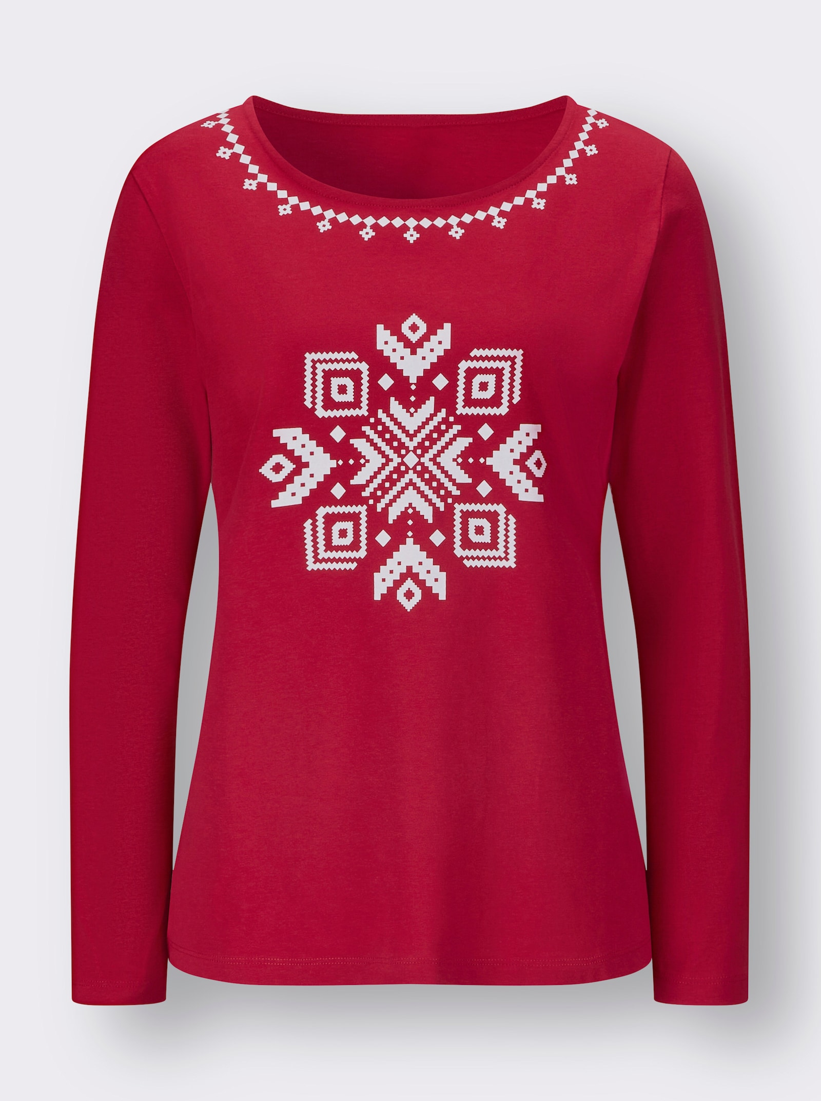 Tričko s dlouhým rukávem s norským vzorem - červená-bílá