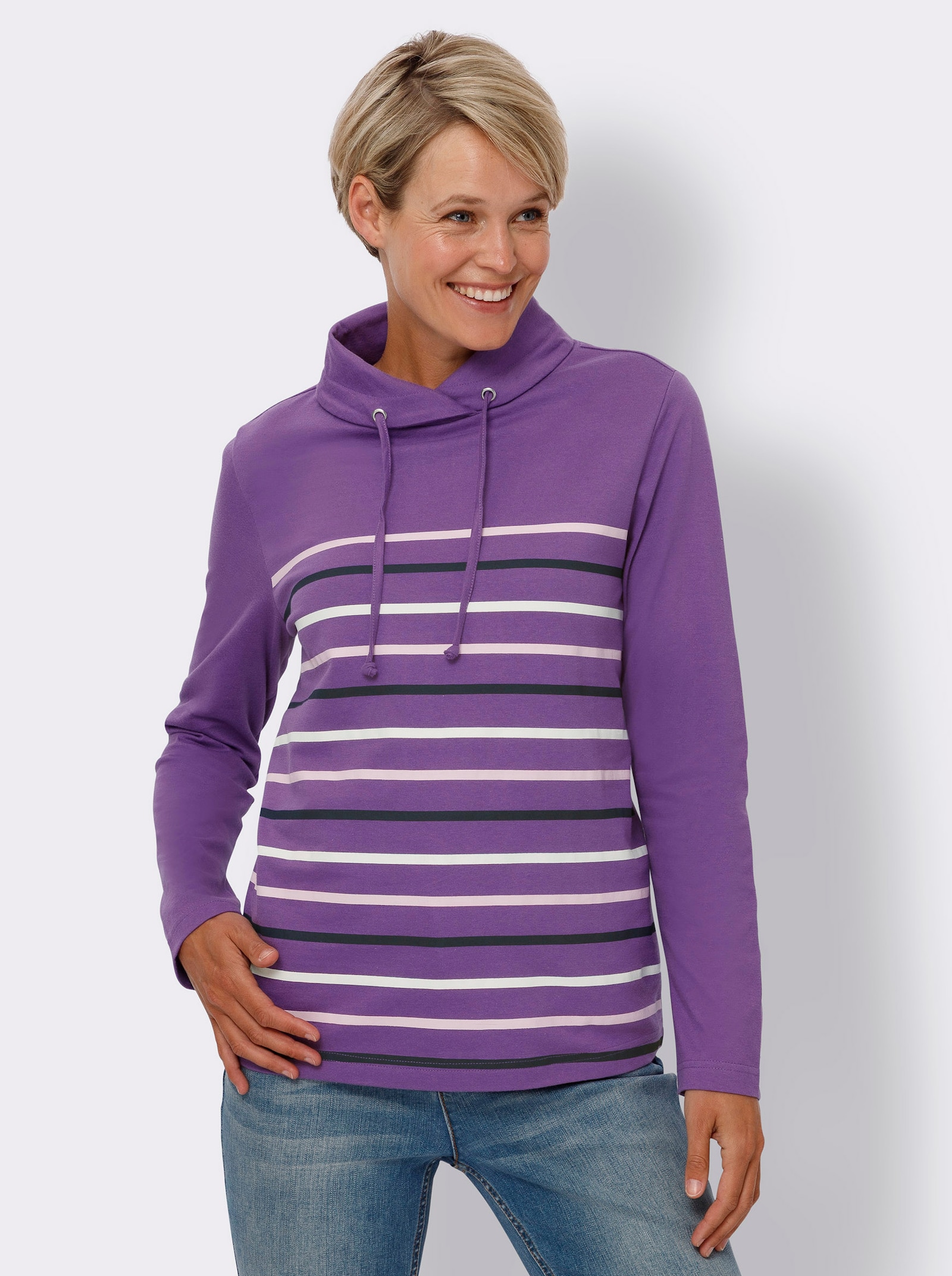 Rollkragenshirt mit platziertem Streifenmuster - lila-rosé-gestreift