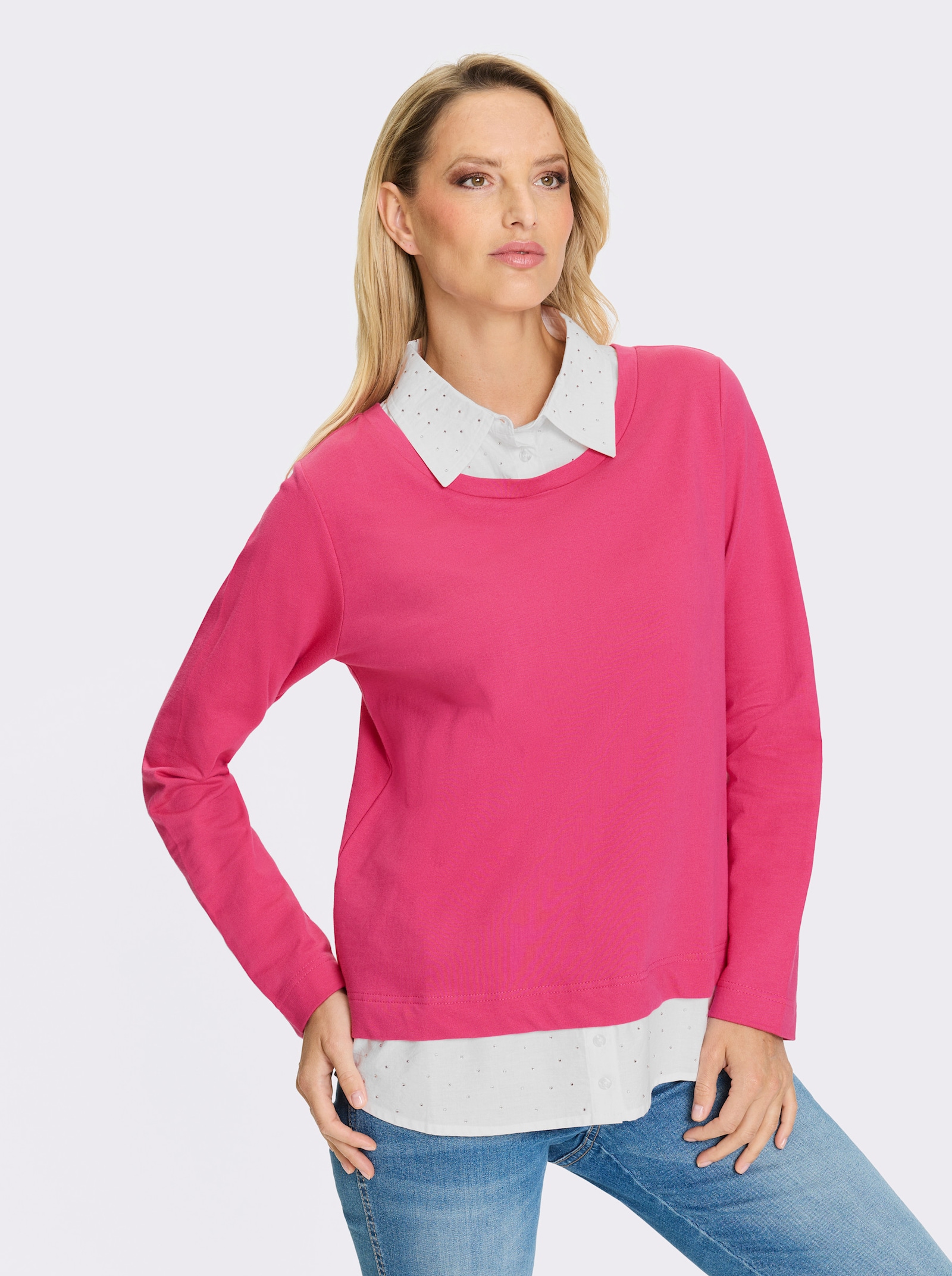 heine Sweatshirt mit Bluseneinsatz - fuchsia-weiss