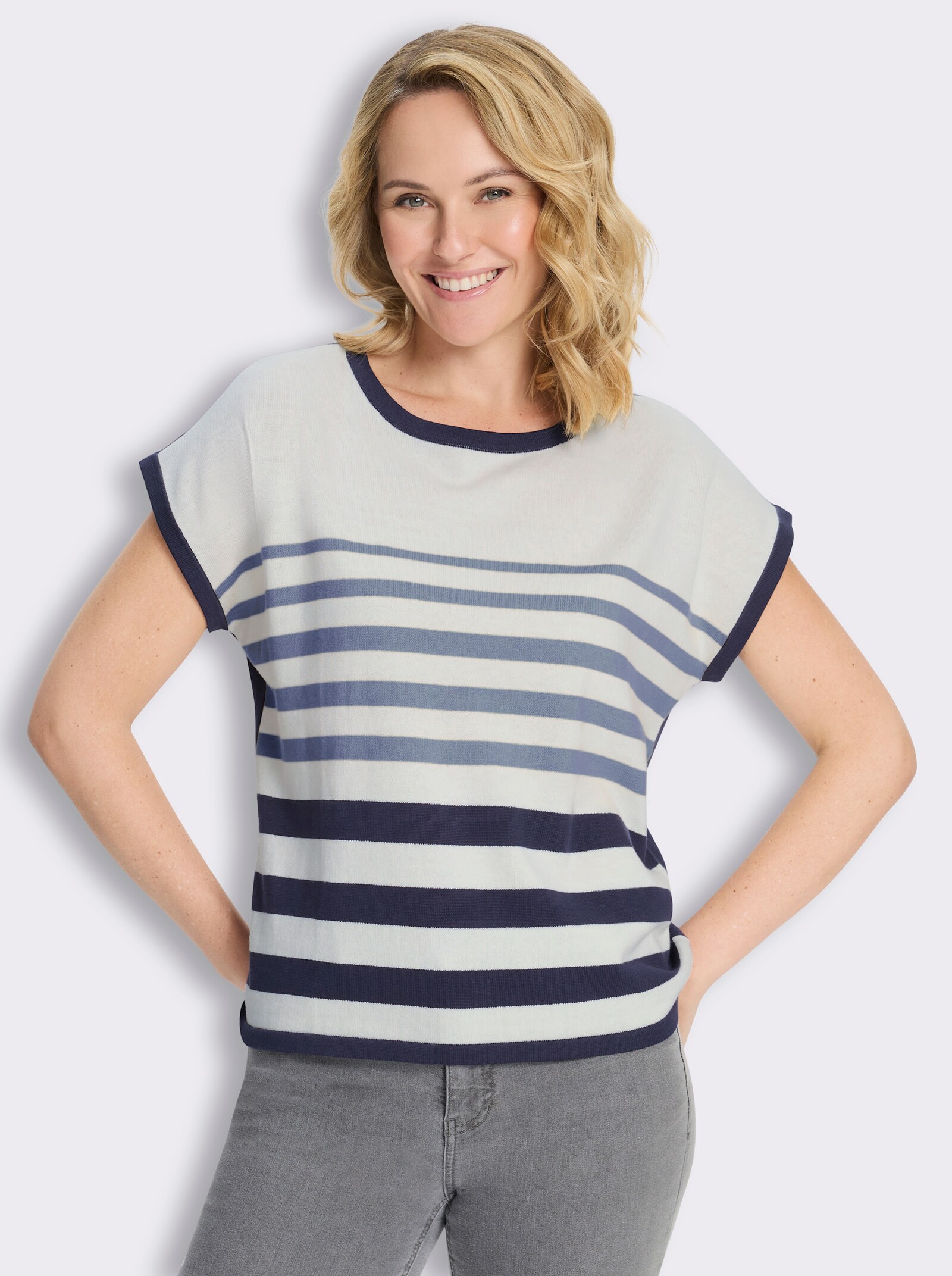 Kurzarmpullover aus reiner Baumwolle, gestreift - taubenblau-marine-geringelt