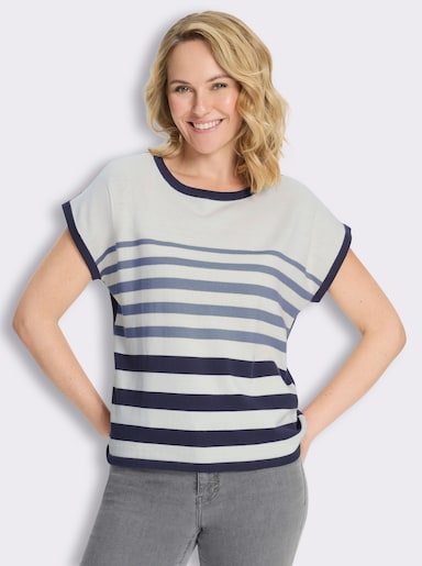 Kurzarmpullover aus reiner Baumwolle, gestreift - taubenblau-marine-geringelt