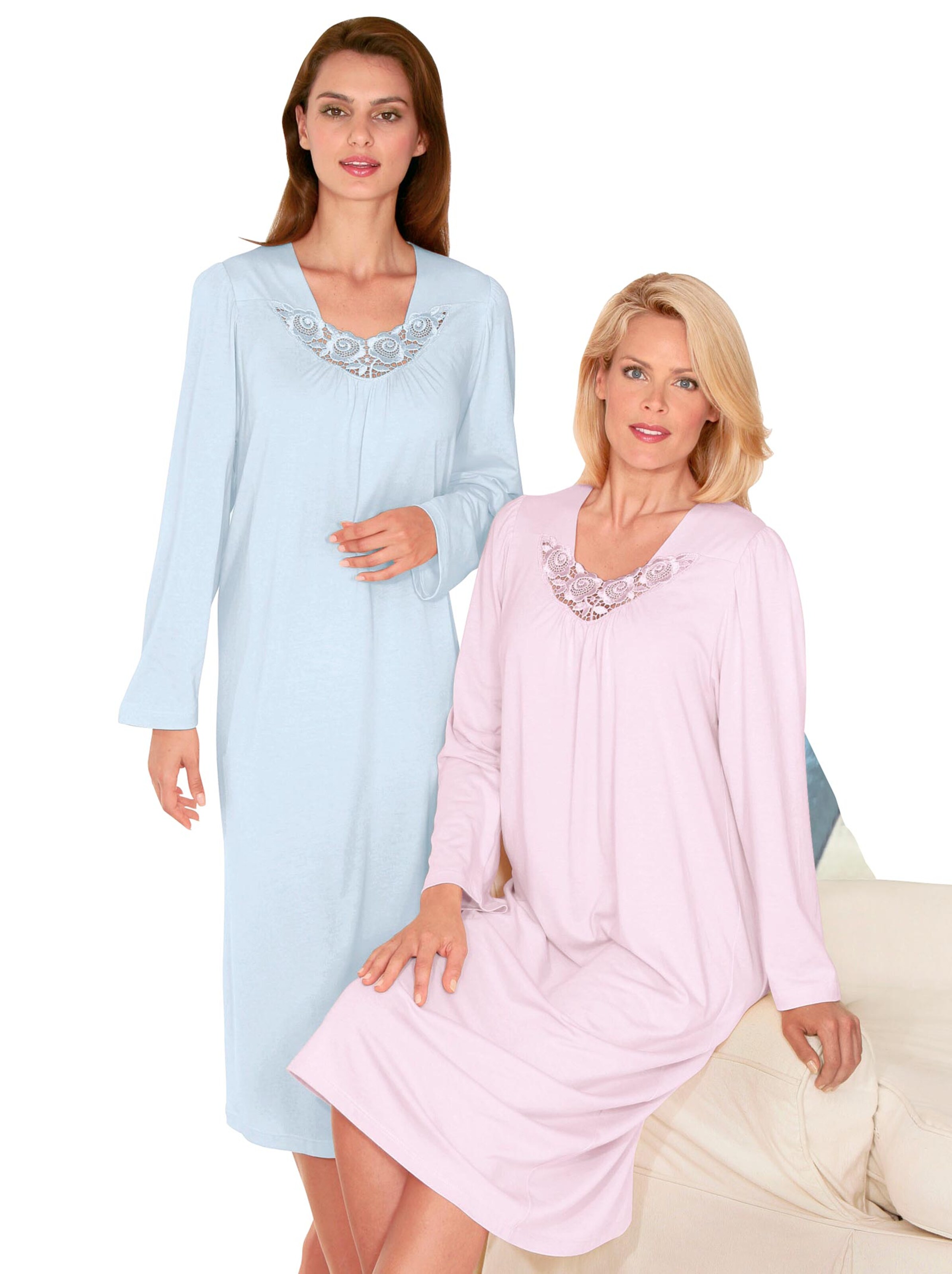 Langarm-Nachthemden - hellblau + rosé