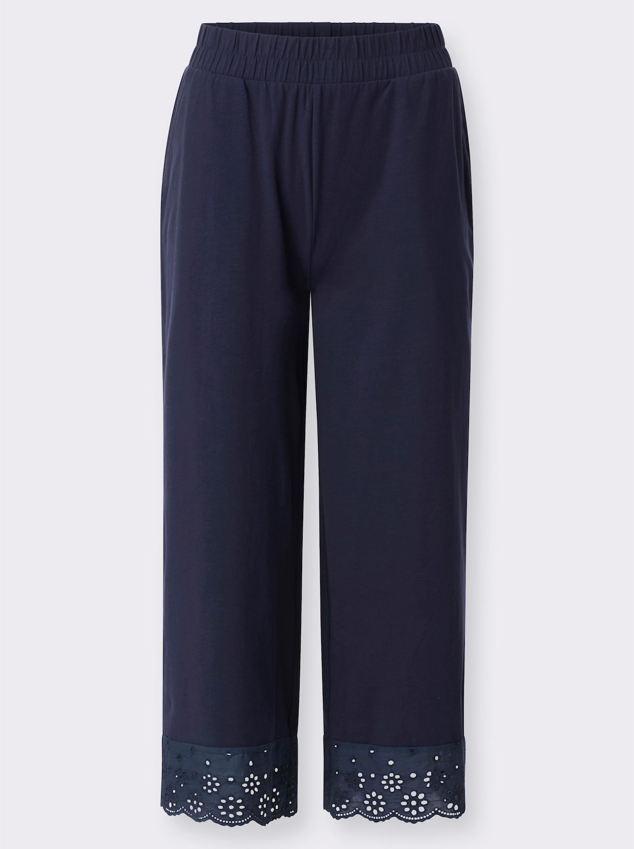 Freizeithose mit Lochstickerei-Bordüre - marine