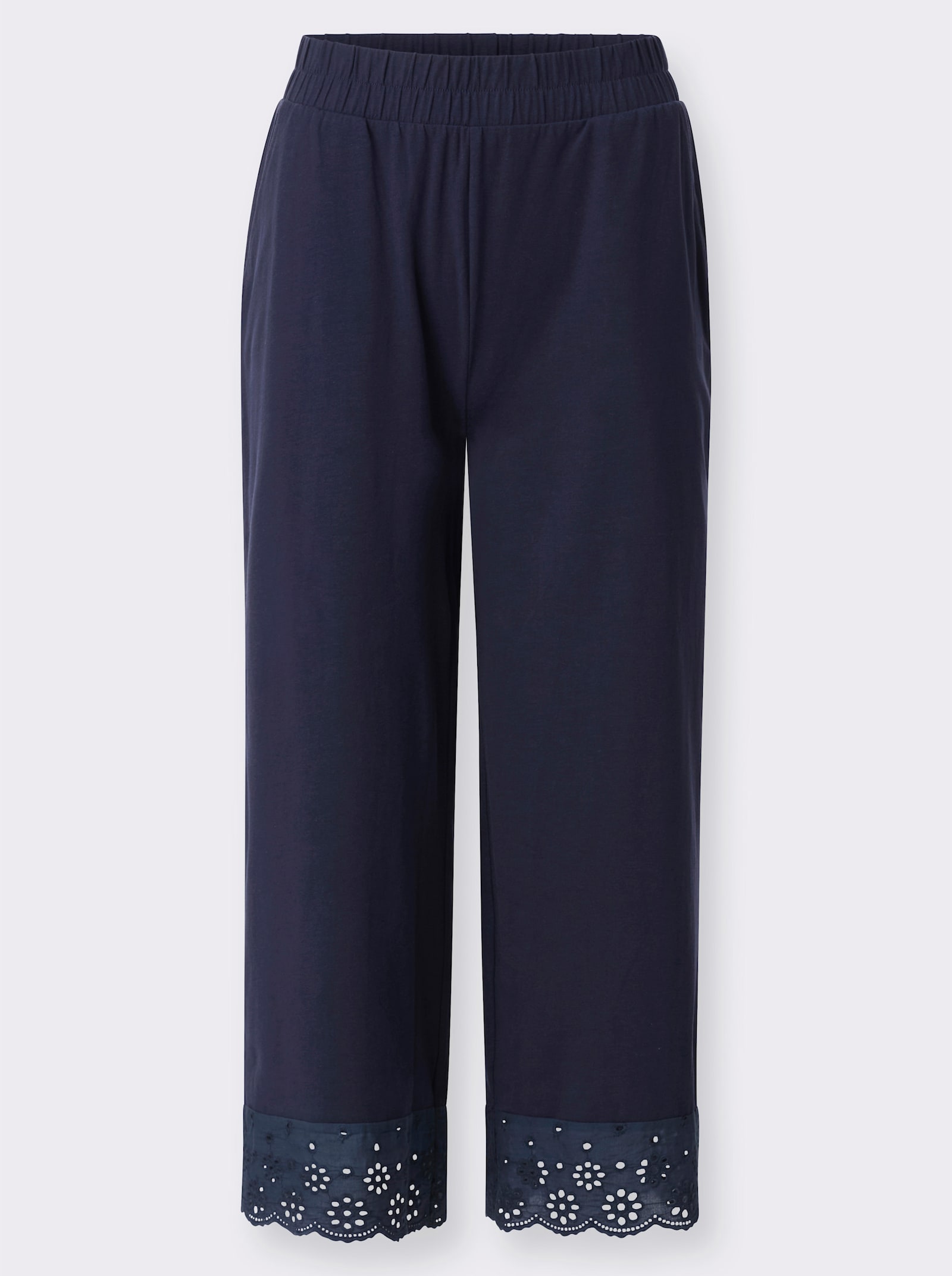 Freizeithose mit Lochstickerei-Bordüre - marine
