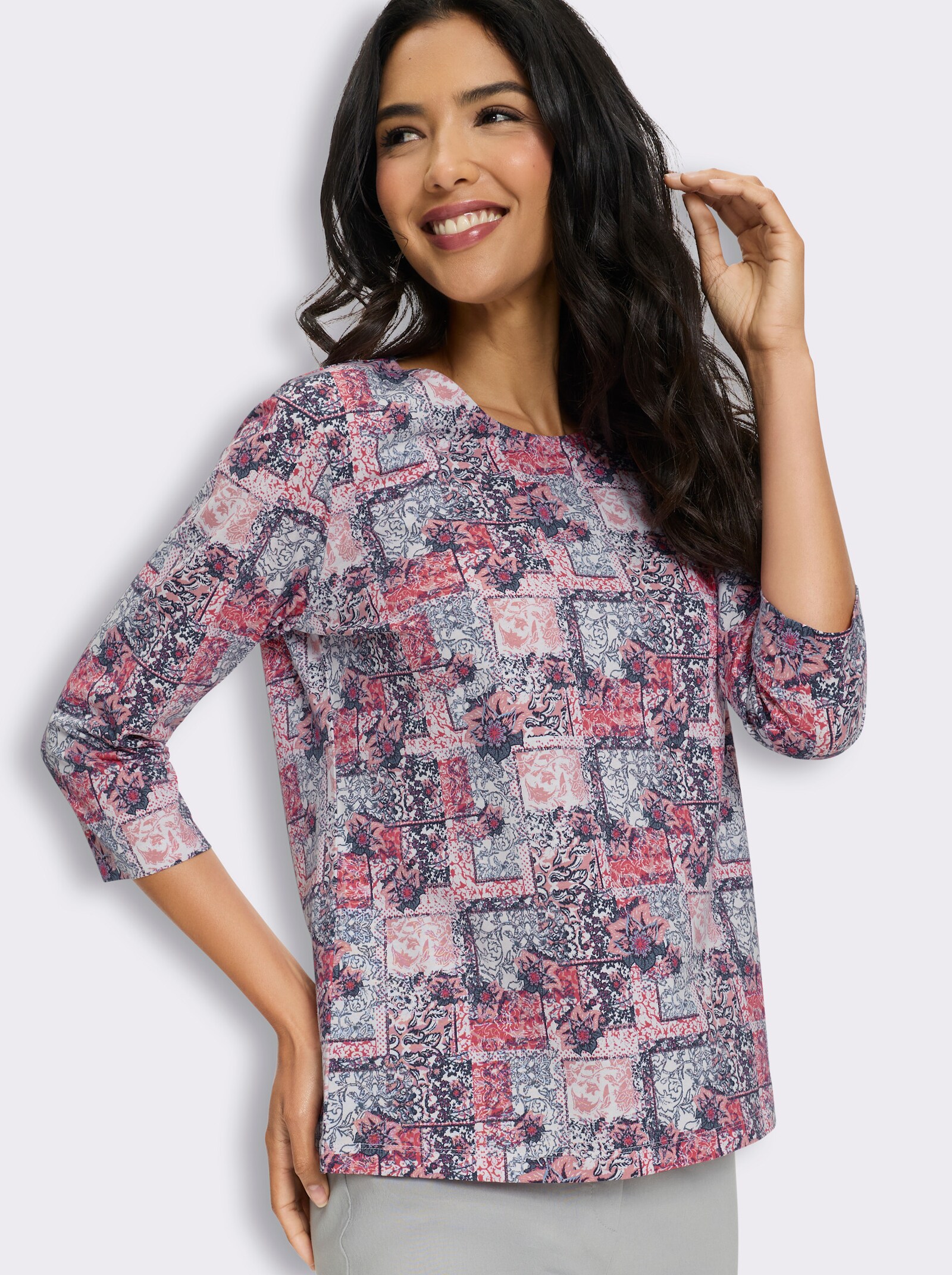 3/4-Arm-Shirt in Patchwork-Optik - fuchsia-rauchblau-bedruckt