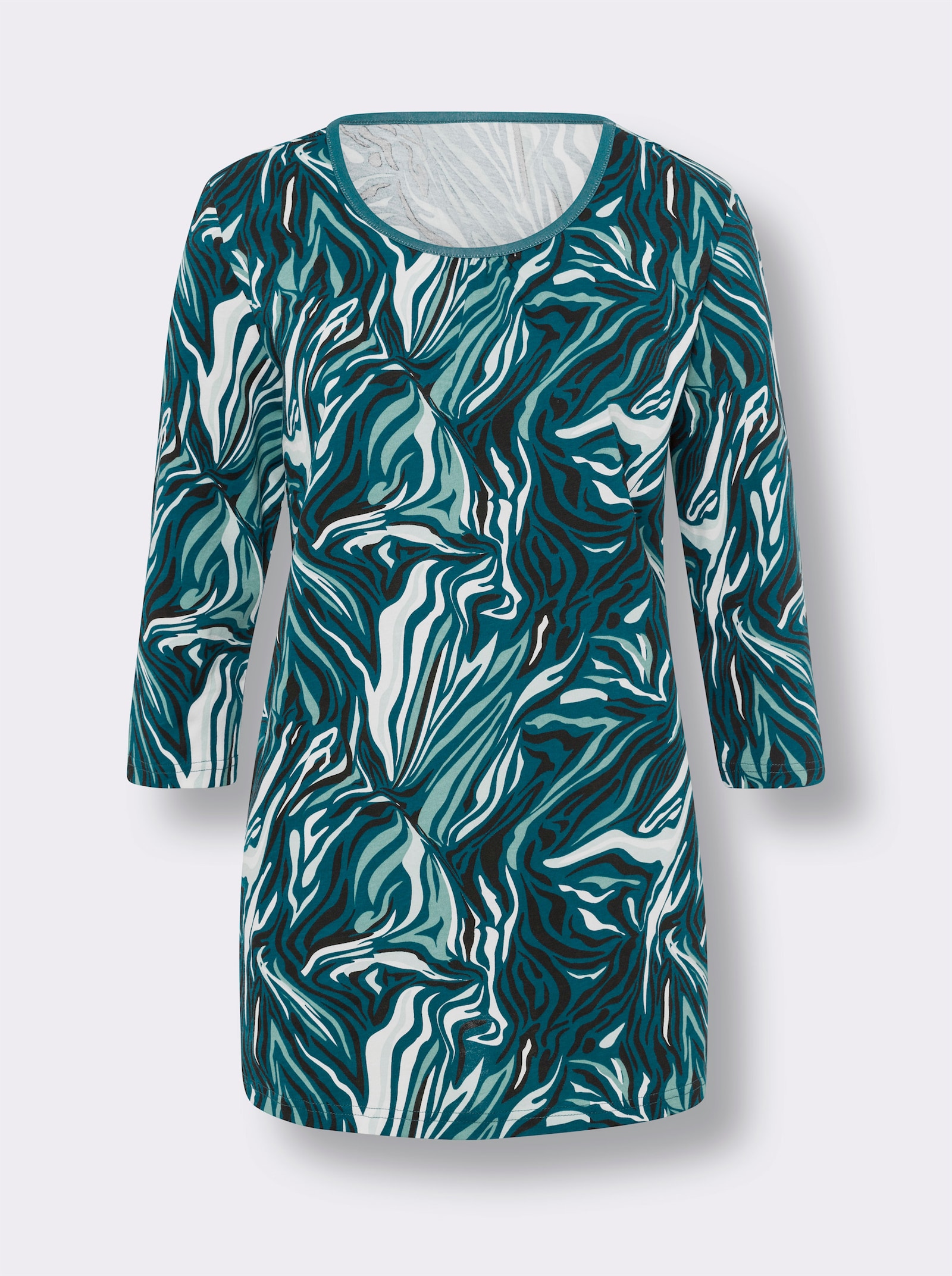 Longshirt mit Raffung am Ausschnitt - aquapetrol-ecru-bedruckt