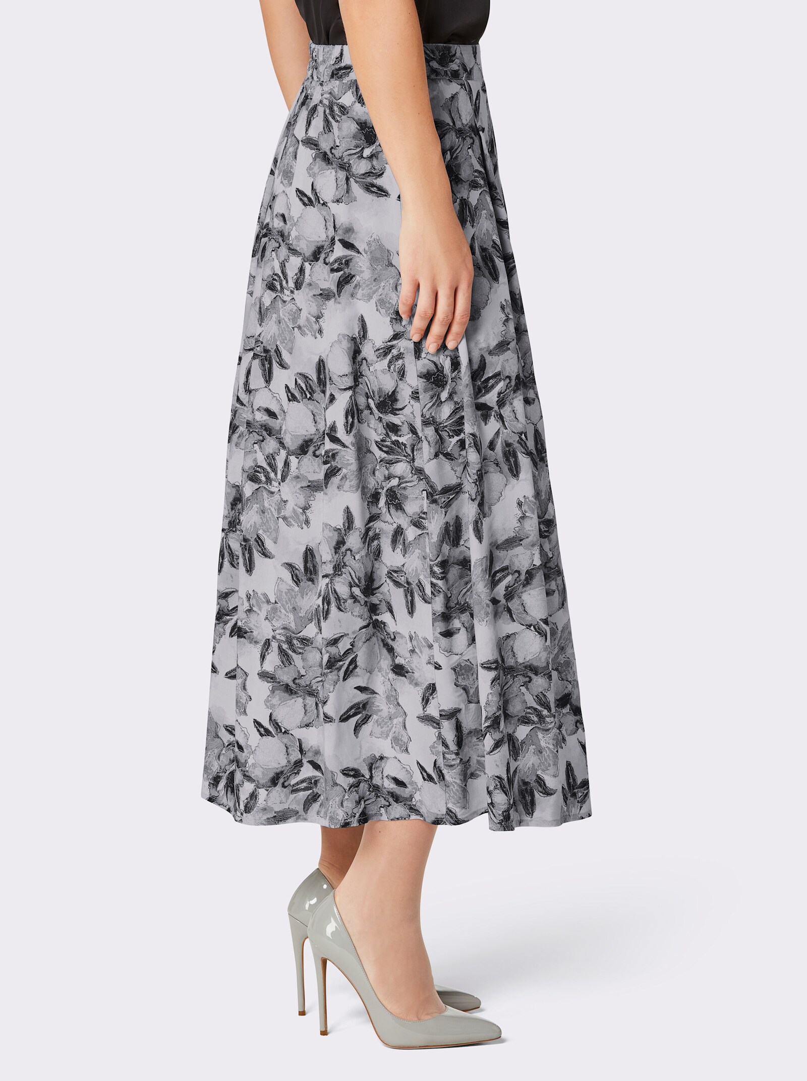 CREATION L PREMIUM A-Linien-Rock aus glänzendem Modal - hellgrau-schwarz-bedruckt