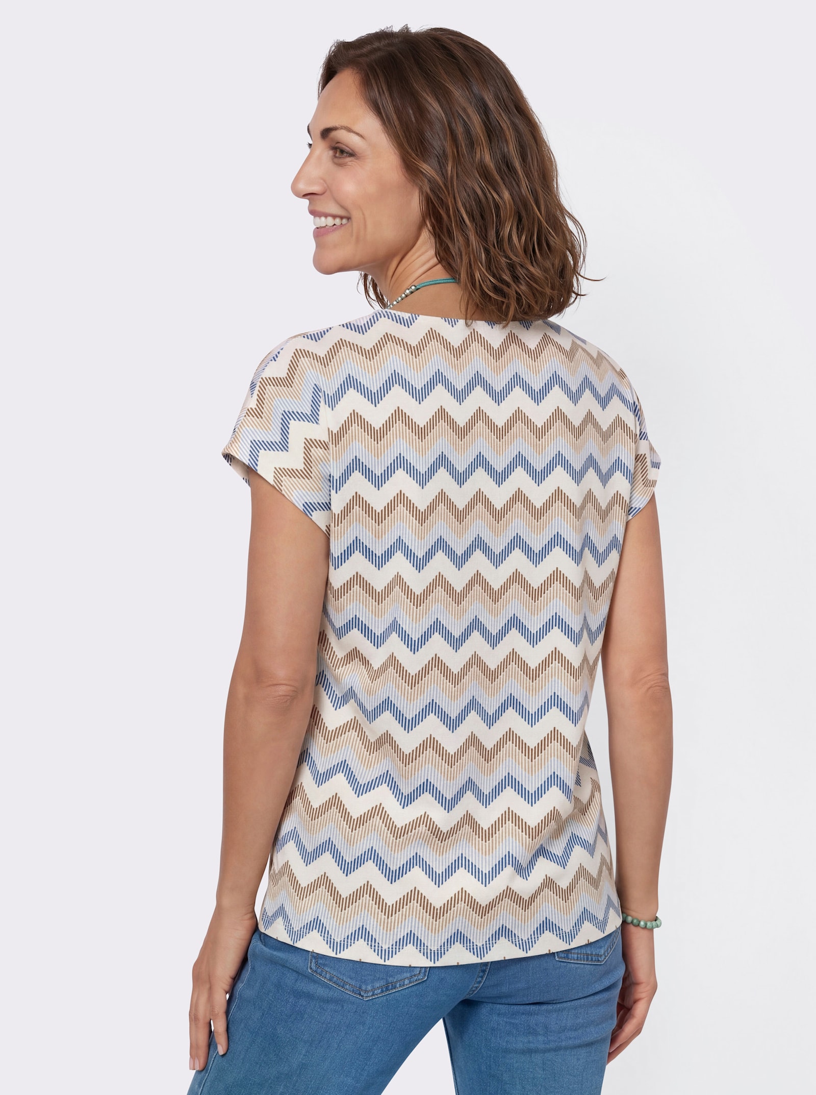 Kurzarmshirt im Zickzack-Muster - hellblau-beige-bedruckt