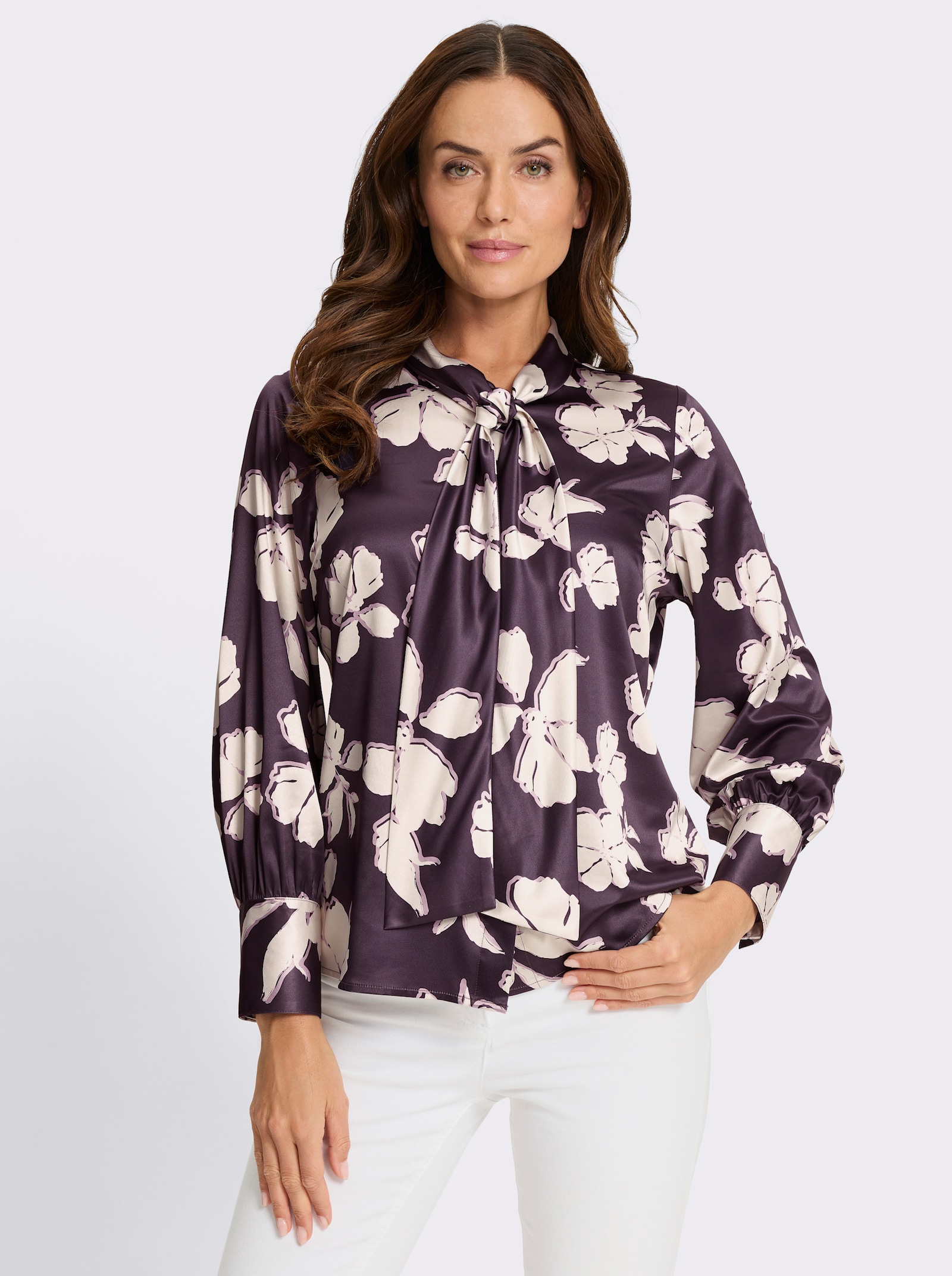 heine Schluppenbluse aus schimmernden Satin - aubergine-champagner-bedruckt