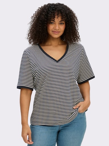 sheego Ringelshirt mit Ajour-Strickband - ecru-tiefblau-geringelt