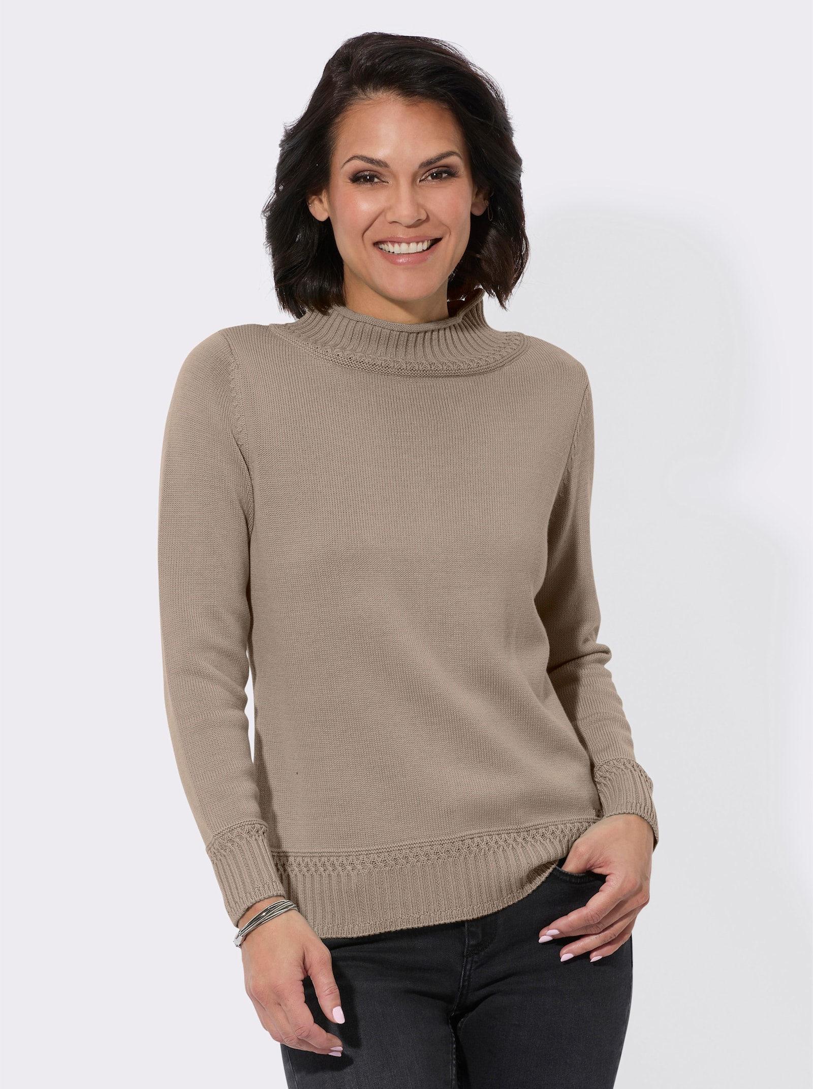 Pull à col montant avec finitions côtelées - beige