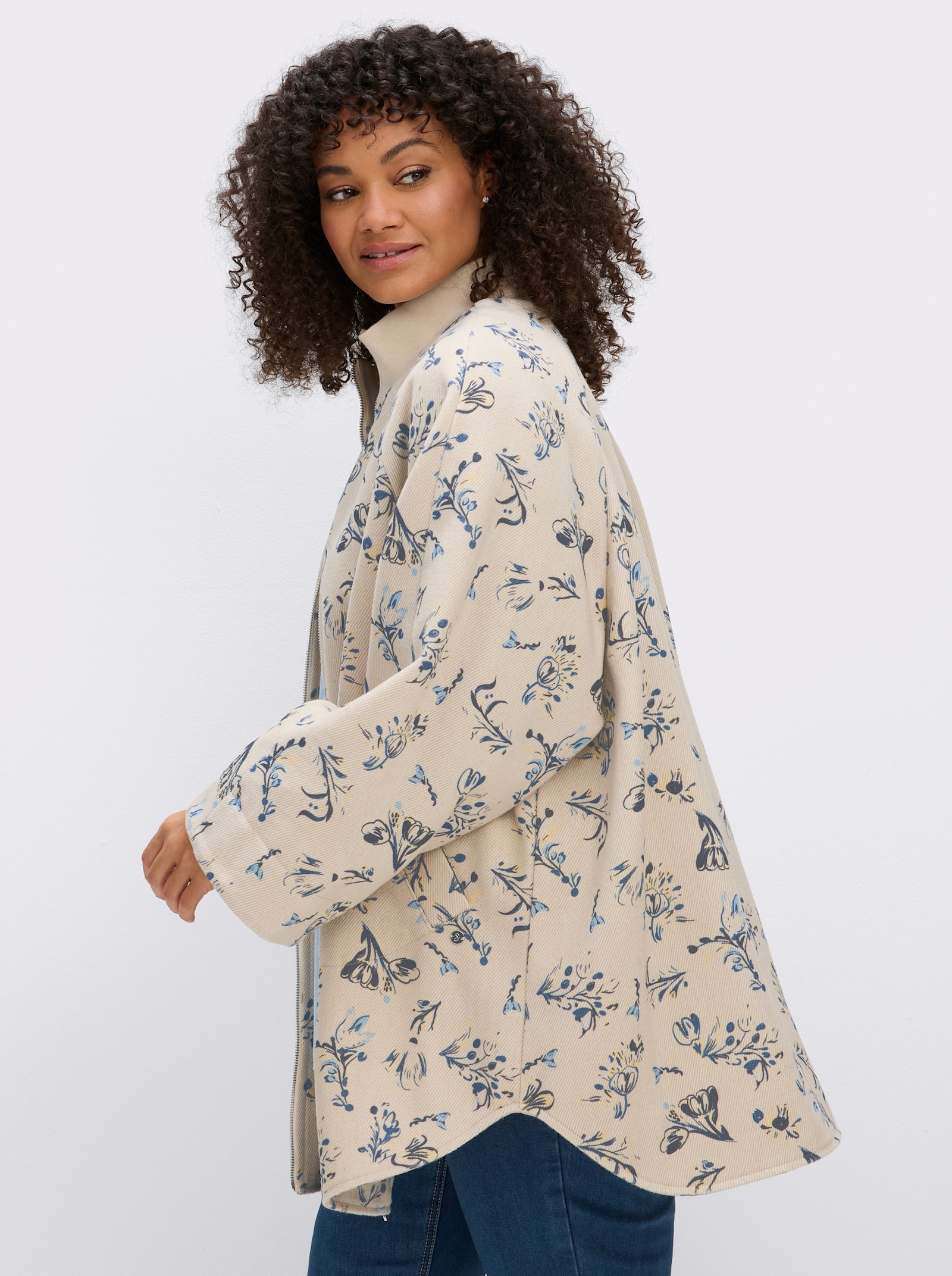 sheego Cape mit Blütenprint und Rippbündchen - champagner-rauchblau-gemustert