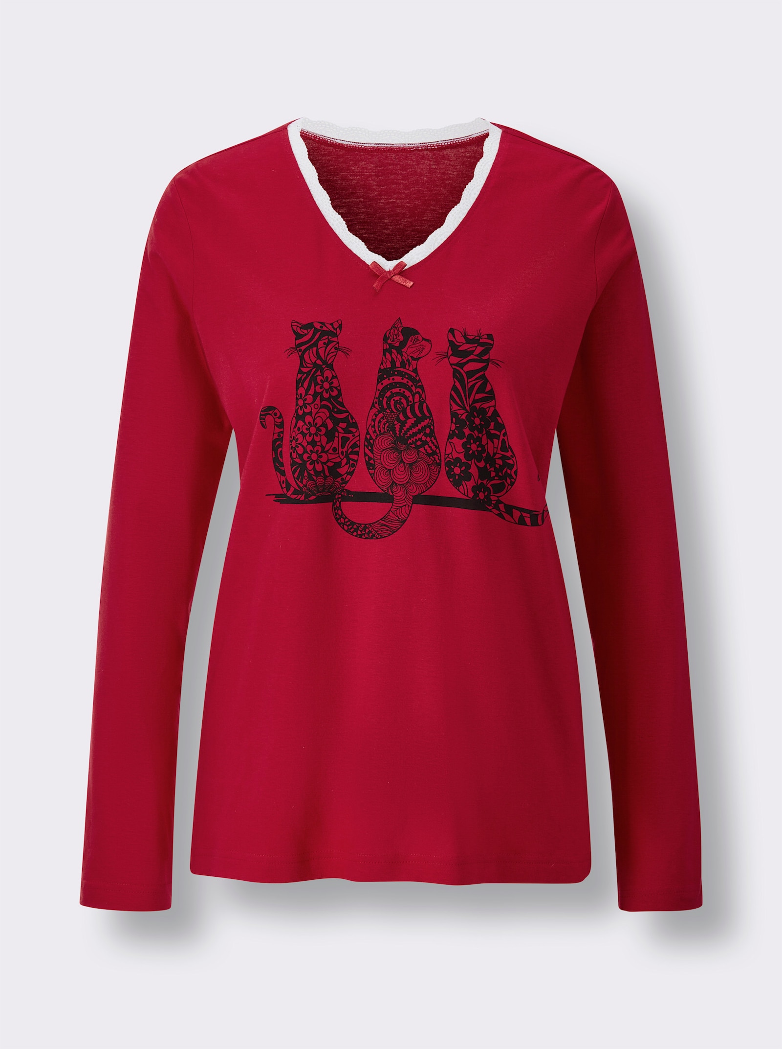 wäschepur Schlafanzug mit Katzen-Motiv - rot-schwarz-bedruckt