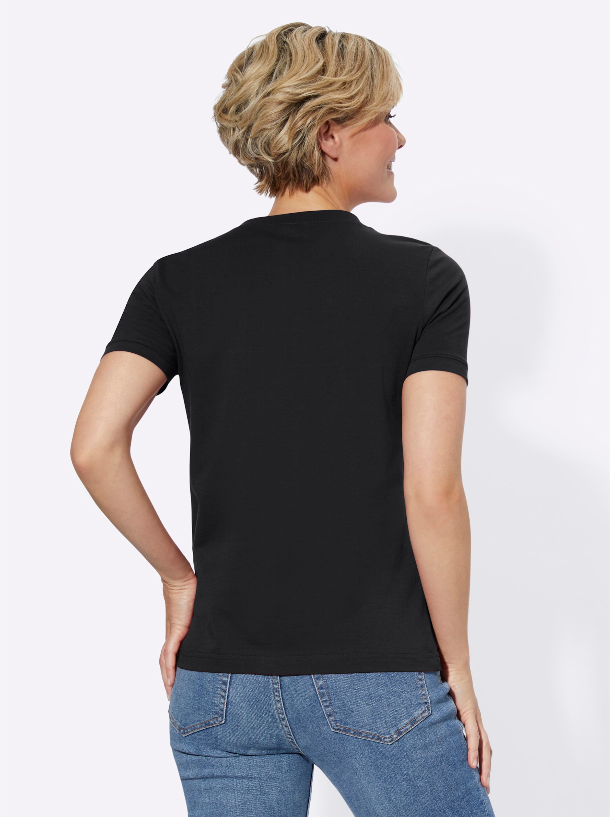von heine günstig Kaufen-Kurzarmshirt in schwarz von heine. Kurzarmshirt in schwarz von heine <![CDATA[Shirt mit apartem Karree-Ausschnitt in kombistarken Farben.]]>. 