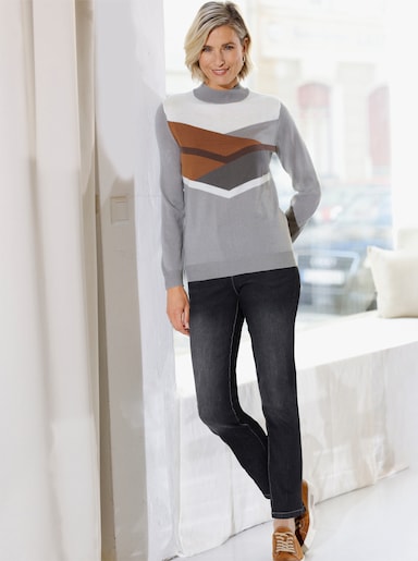 Stehkragenpullover mit Intarsienmuster - steingrau-schoko-gemustert