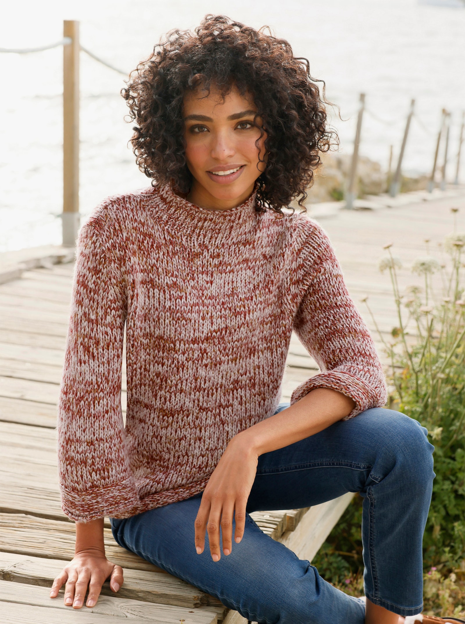 heine Kurzarmpullover mit Rollkanten - dunkelrot-cognac-gemustert