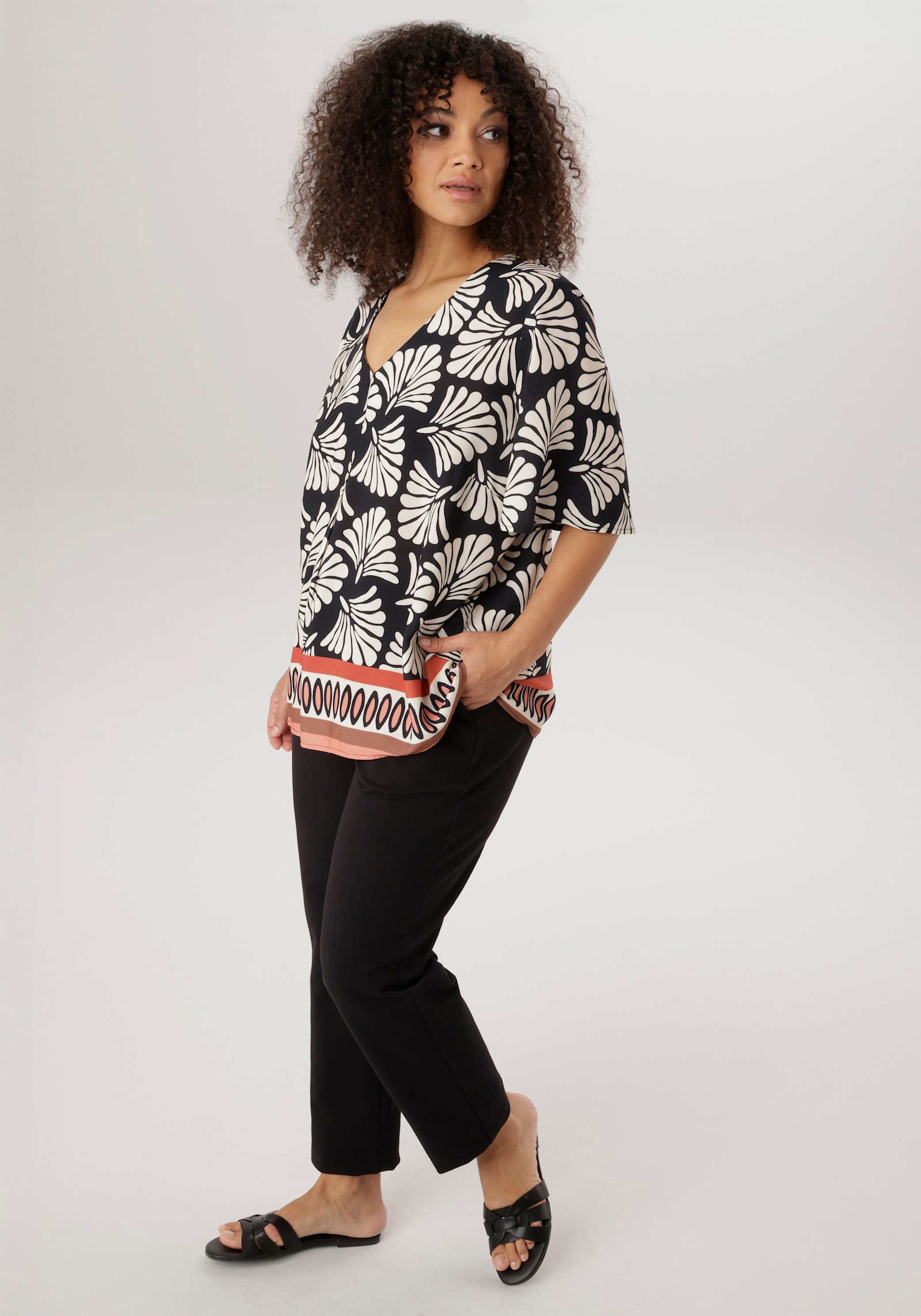 Aniston PLUS Schlupfbluse - schwarz-creme-braun-orange