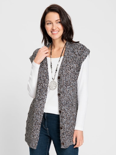 Longweste mit Knöpfen in Holz-Optik - rauchblau-meliert