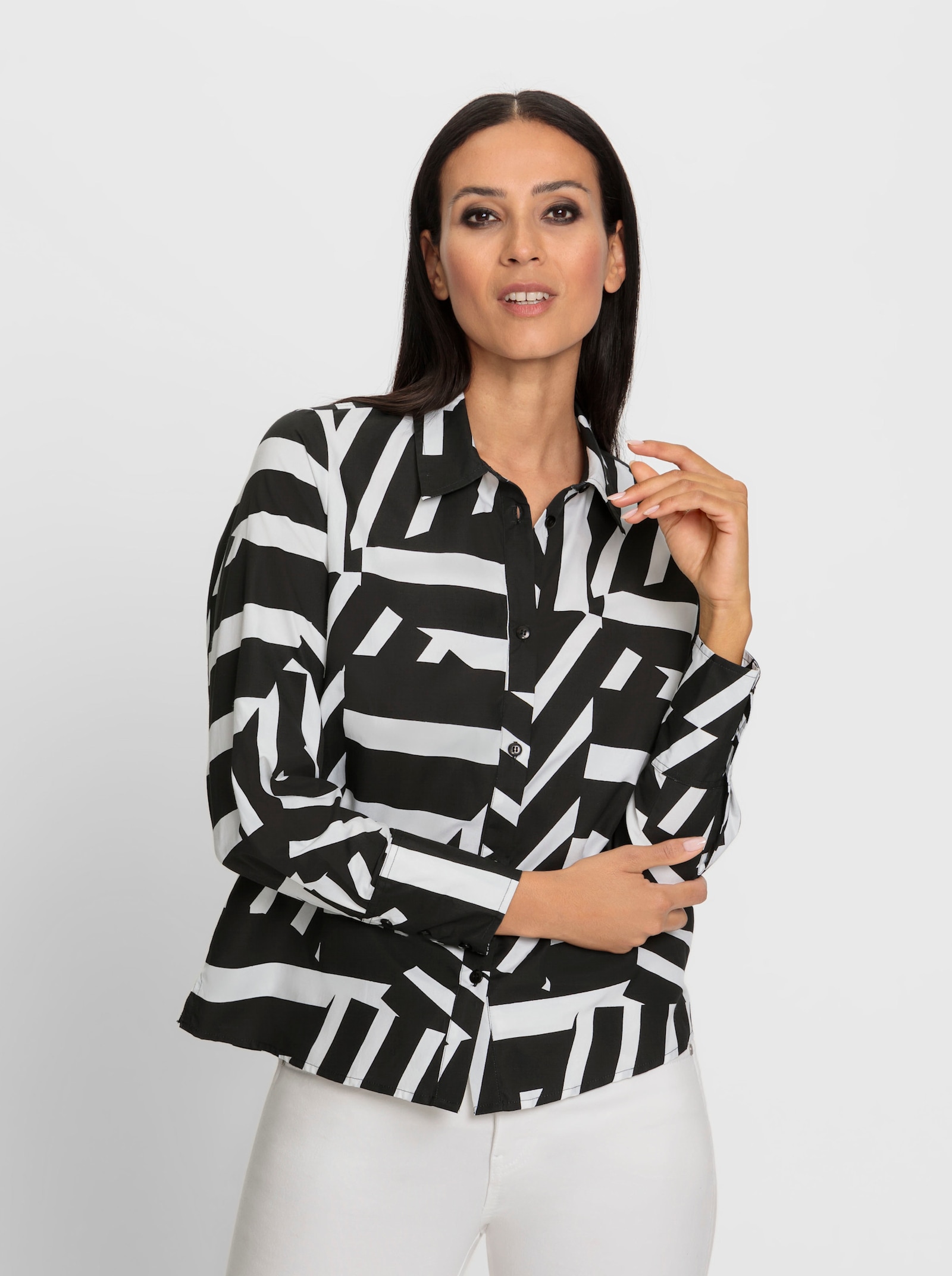 heine Druckbluse mit Seitenschlitzen - schwarz-ecru-bedruckt