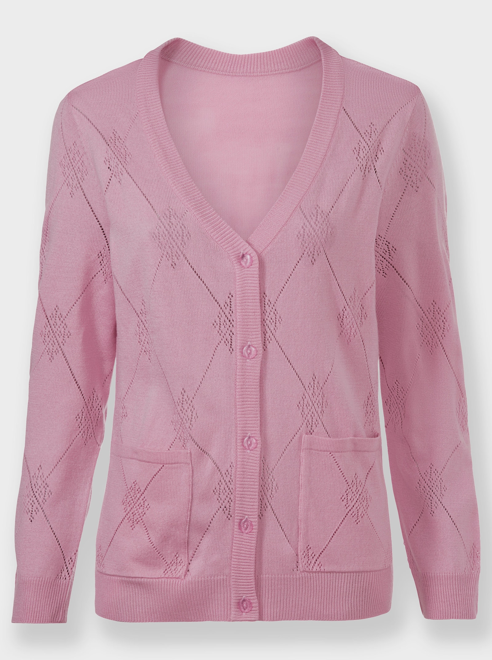 Ajourstrickjacke mit Rautenmuster - rosé