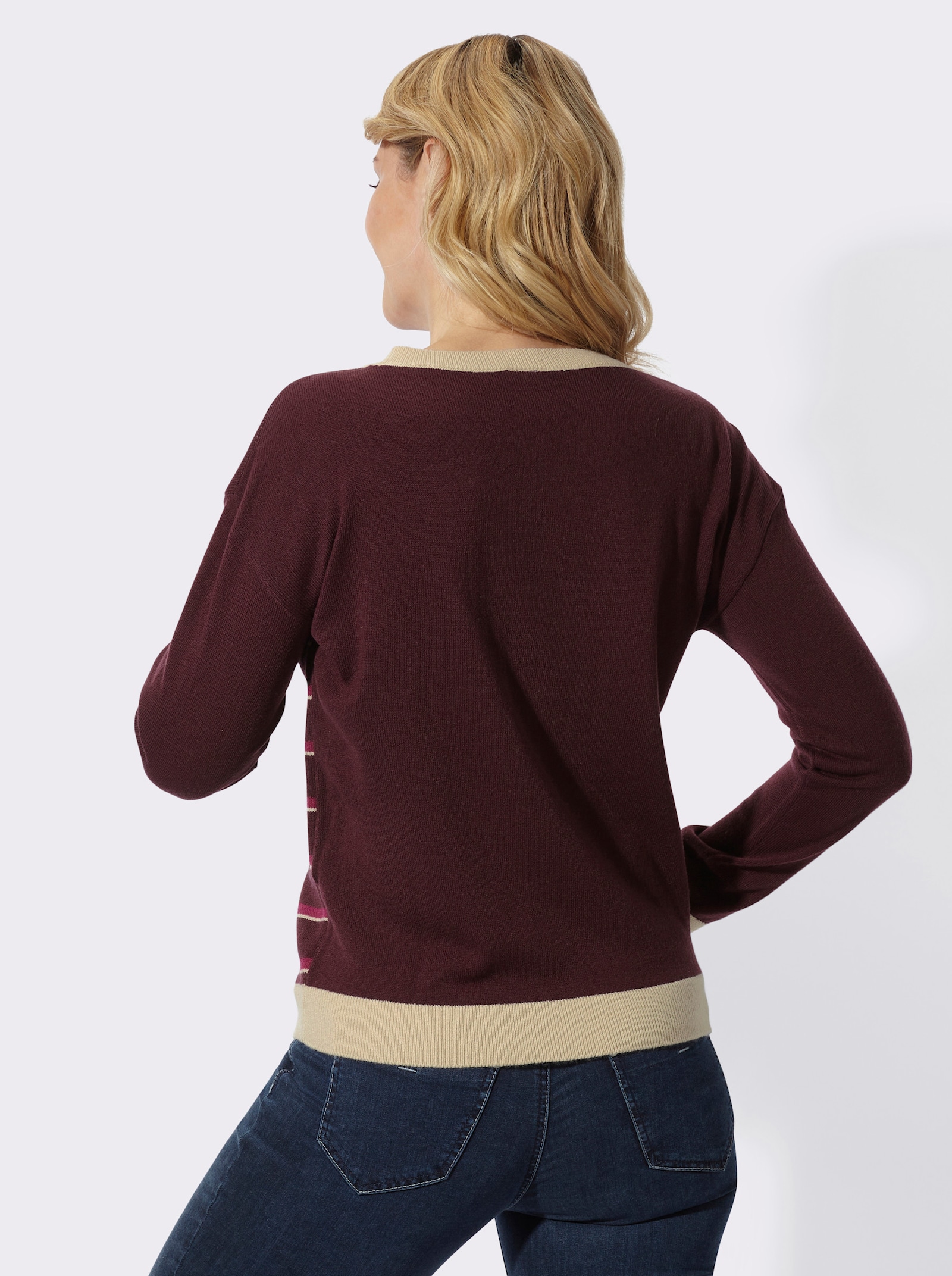Rundhalspullover mit Jacquard-Streifen-Muster - burgund-malve-gemustert