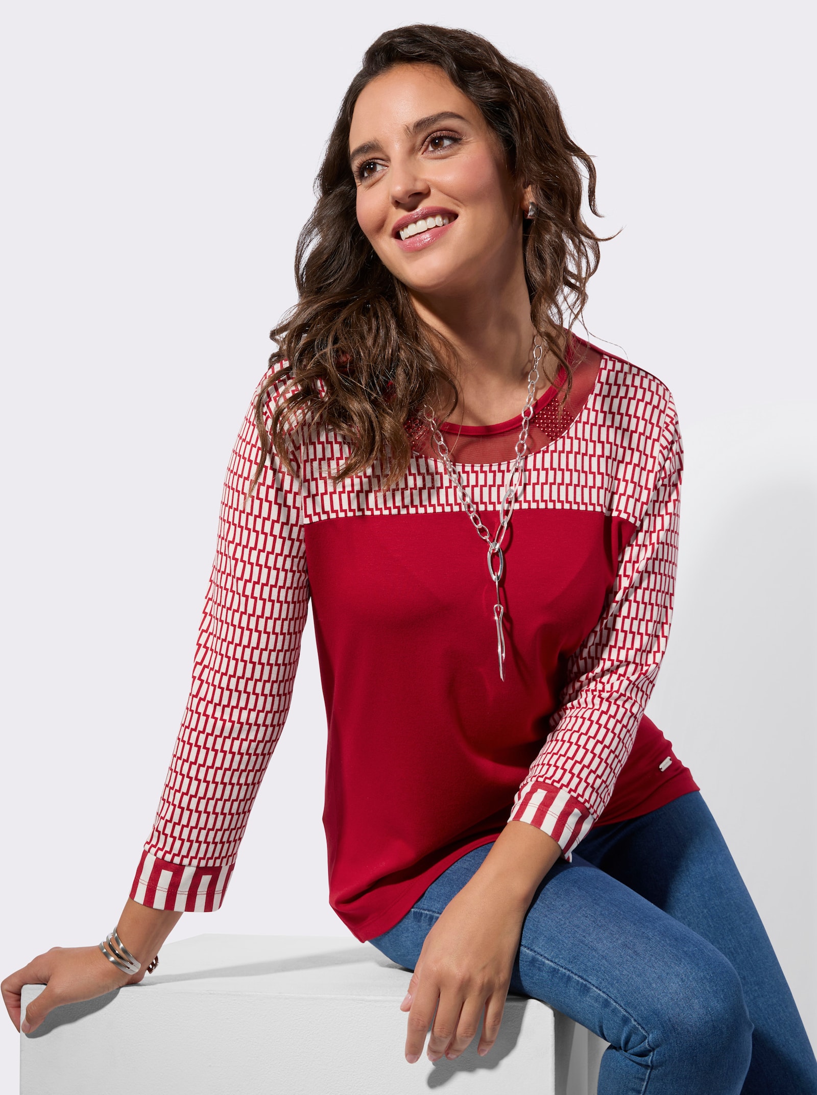 3/4-Arm-Shirt mit Mesh-Einsatz am Ausschnitt - rot-ecru-bedruckt