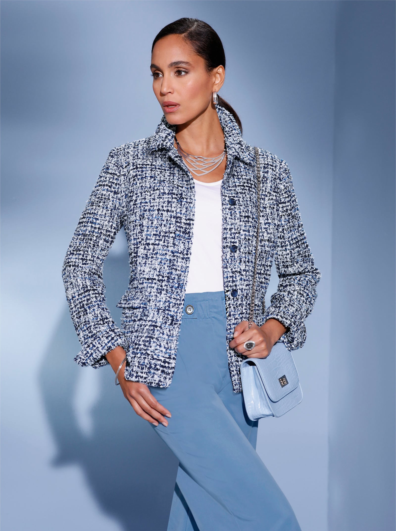 Bouclé-Blazer mit Glanzgarnen - mittelblau-royalblau-gemustert