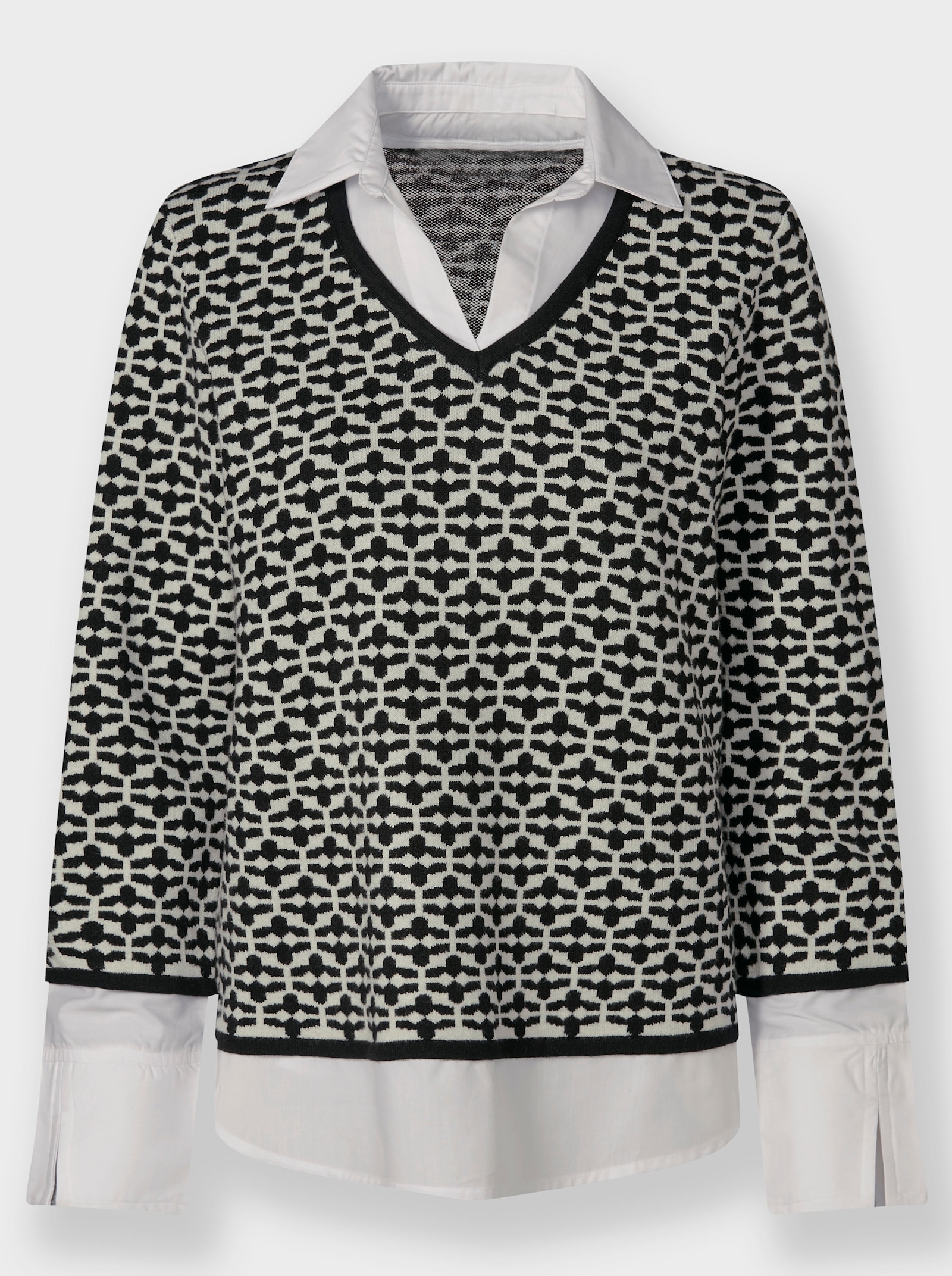 heine 2-in-1-Pullover Mit Blusen-Einsatz - schwarz-ecru-gemustert