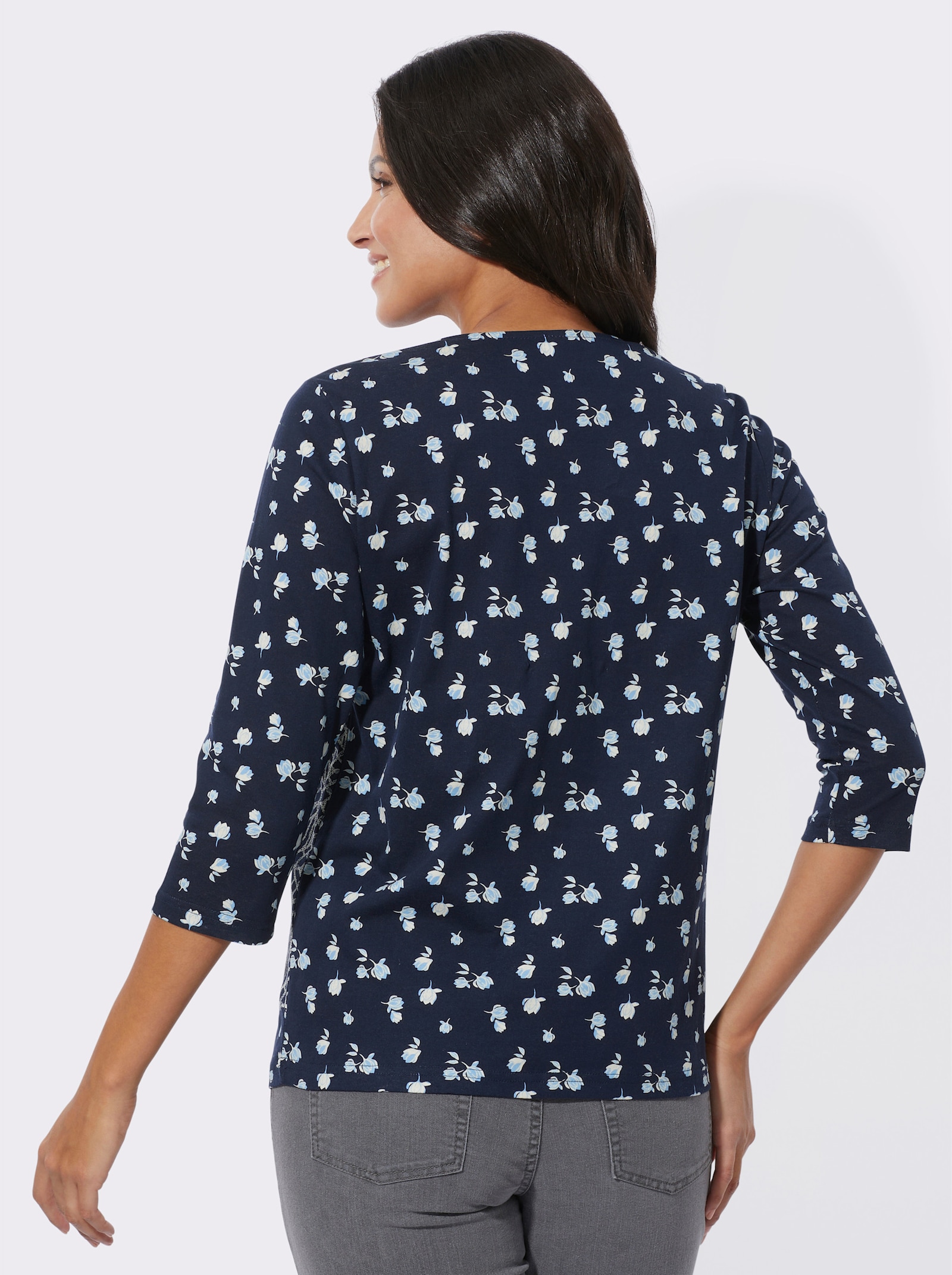 Rundhalsshirt in 2-in-1-Optik - marine-champagner-bedruckt