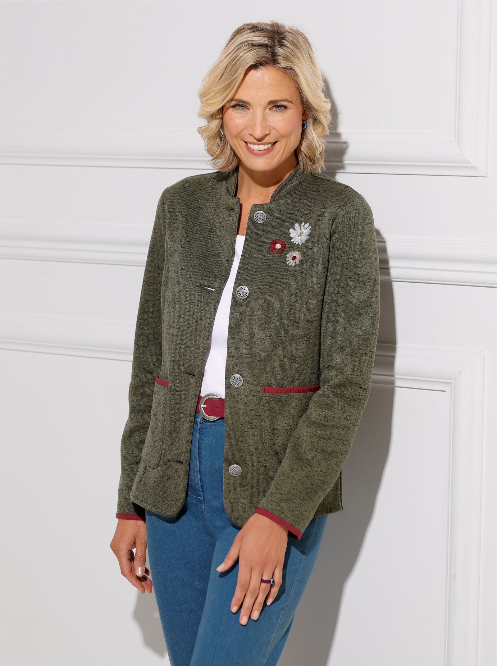 Blazer met bloemenborduursel - kaki gemêleerd