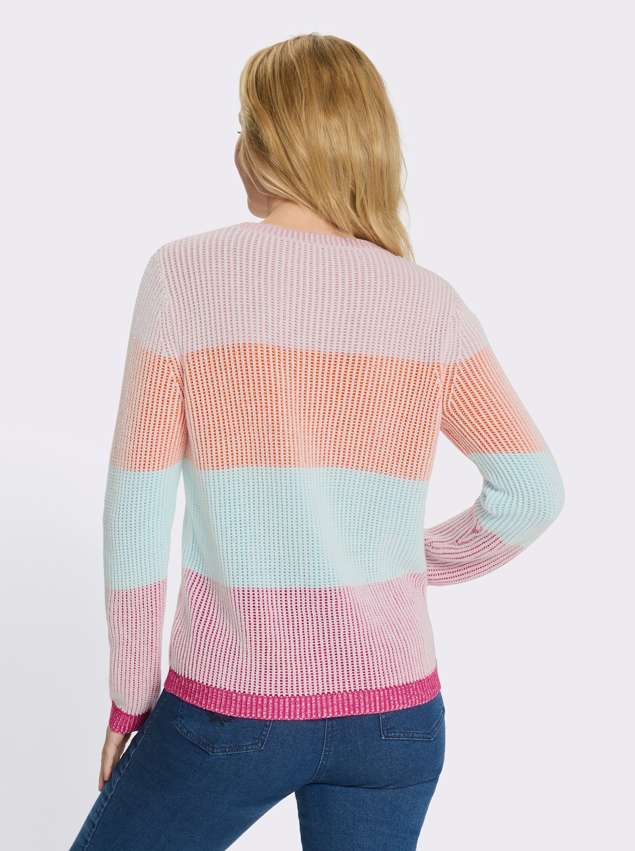 Langarm-Pullover mit Blockstreifen - fuchsia-aquamarin-gemustert