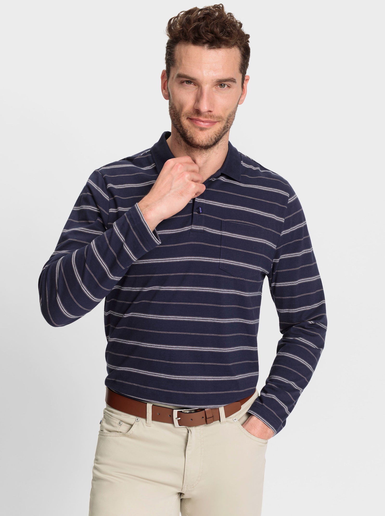 Marco Donati Poloshirt met lange mouwen en blijvend schitterend streeppatroon - marine gestreept
