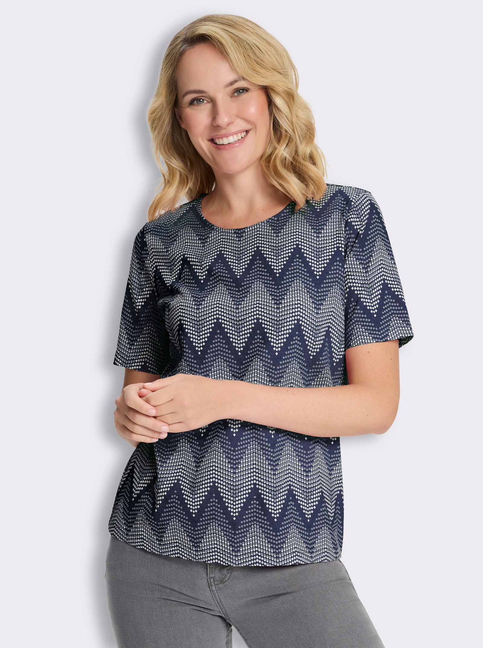 Rundhalsshirt mit Zickzack-Muster - marine-taubenblau-bedruckt