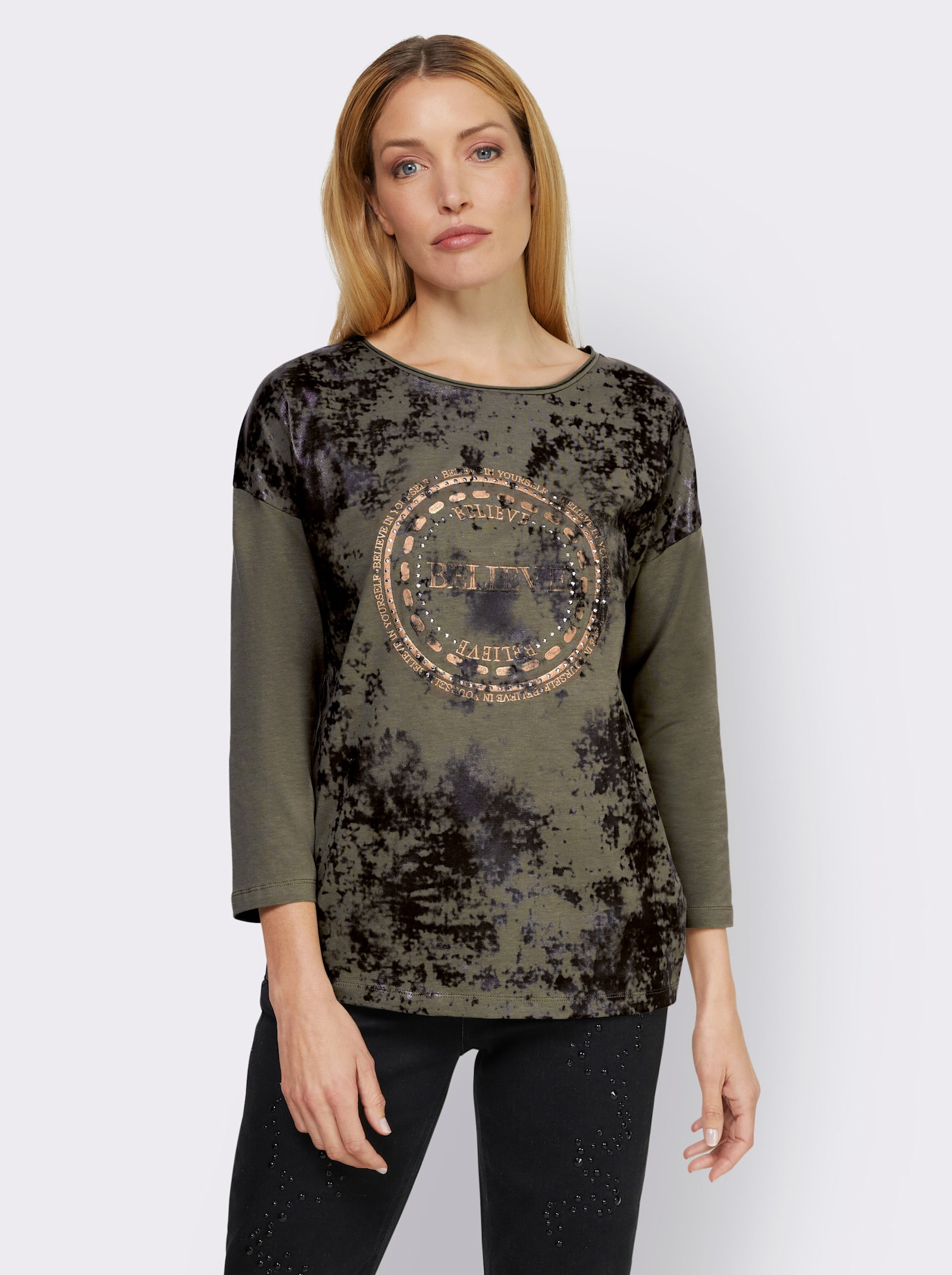 heine Shirt met 3/4-mouwen en geborduurd motief - kaki