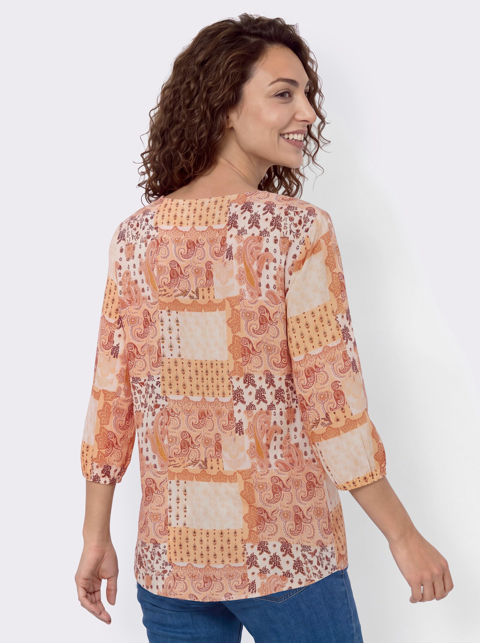 Druckbluse mit Rüschen-Verzierung - papaya-ecru-bedruckt
