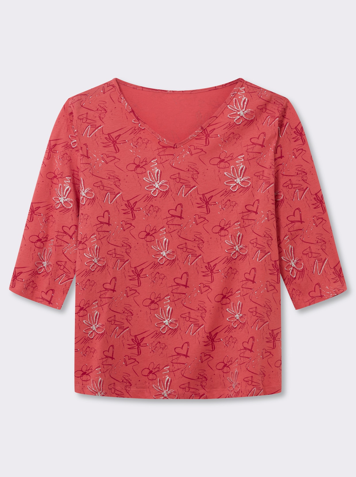 3/4-Arm-Shirt mit Herzen und Blüten verziert - grapefruit