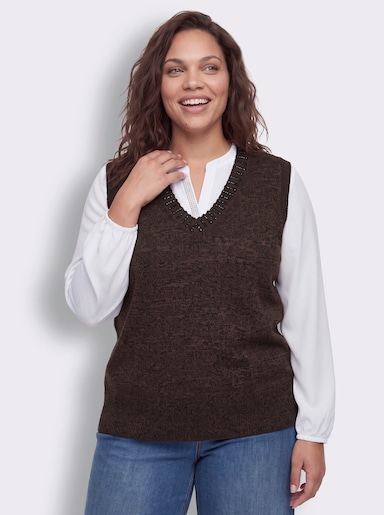 sheego Slip-over met siersteentjes bij de V-hals - choco/zwart